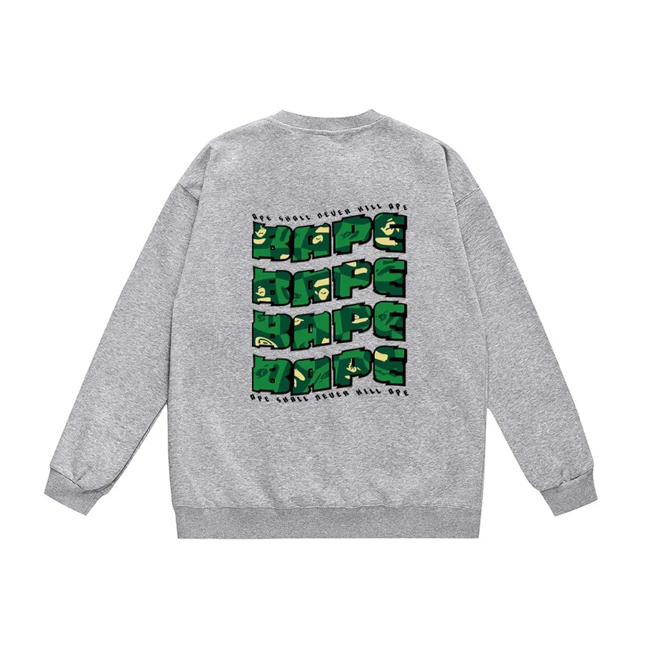 P170 model number SC319# terry 80 plus velvet 85 (top version) BAPE ape head letter printed round neck sweatshirt Made of 350g large terry (drop shoulder large version) fabric, soft and non-pilling, imported environmentally friendly printing glue, bright and three-dimensional pattern, quality 💥Same style for men and women, the upper body is fashionable Color: black white gray Size: S M L XL XXL