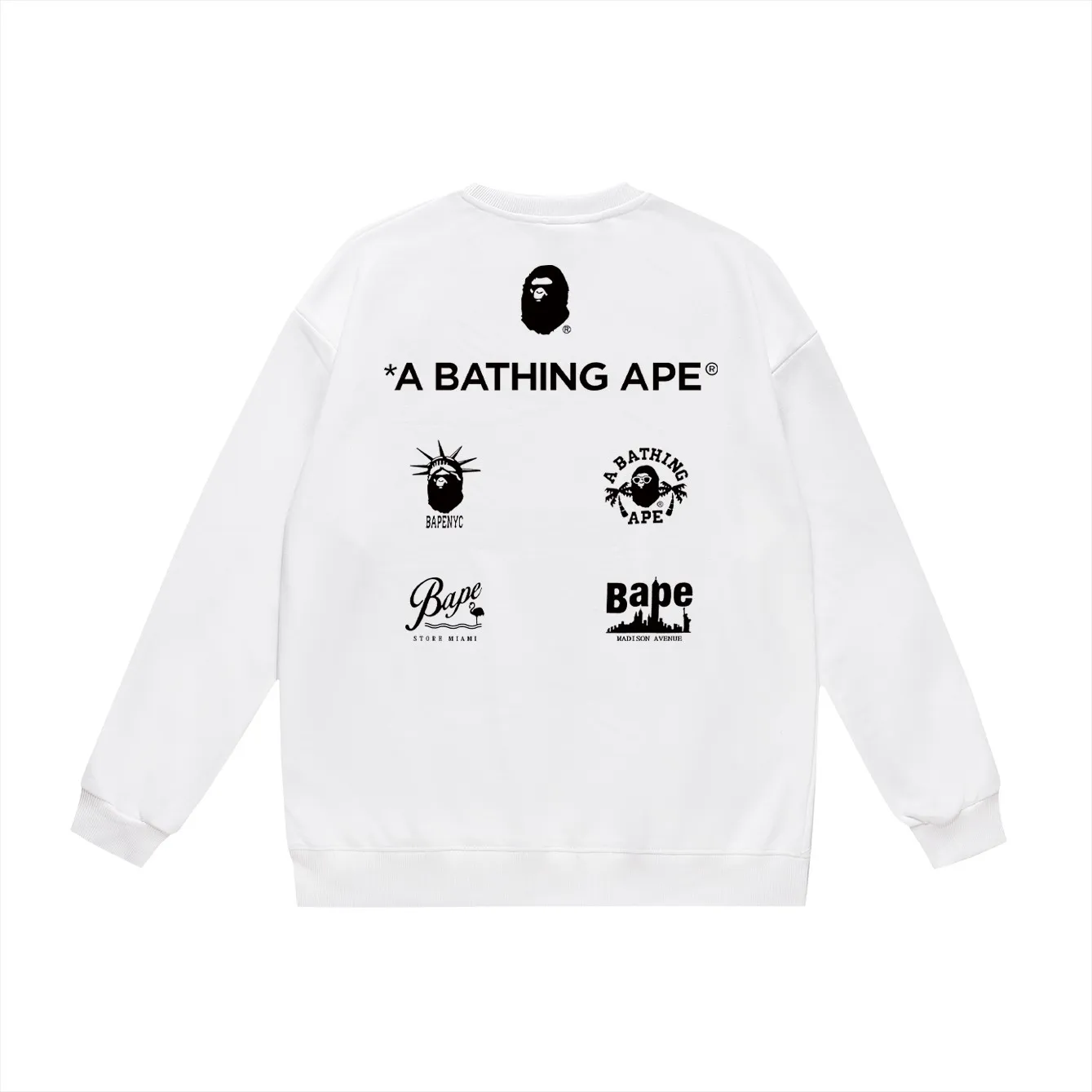 P150 model number SC441# terry 75 plus velvet 80 (top version) BAPE's new great ape letter printed loose round neck sweatshirt. Made of 350g large terry (drop shoulder large version) fabric. The texture is soft and non-pilling. Imported environmentally friendly printing glue. The pattern is bright and three-dimensional. Quality 💥Same style for men and women. The upper body is trendy. Color: black white gray Size: S M L XL XXL
