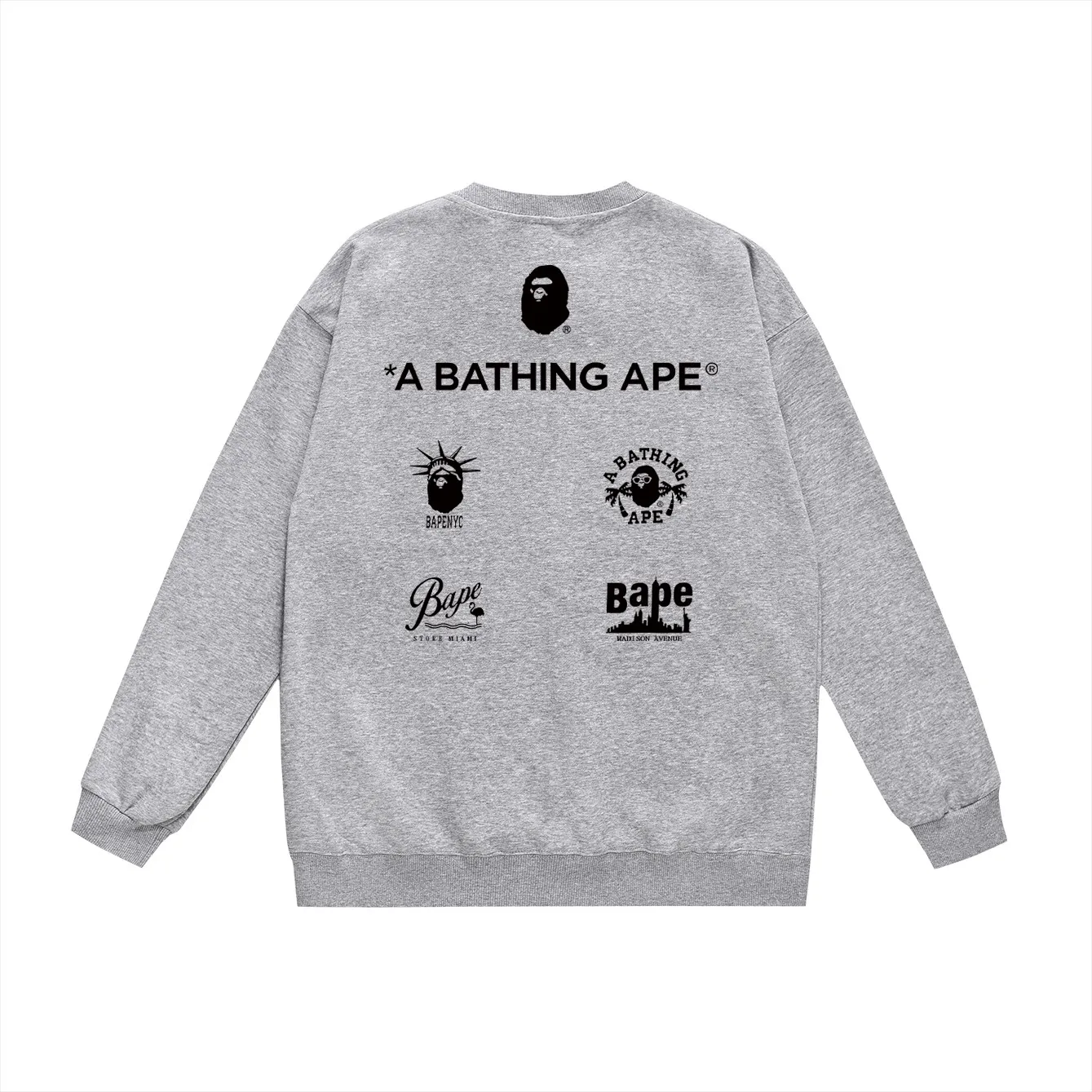 P150 model number SC441# terry 75 plus velvet 80 (top version) BAPE's new great ape letter printed loose round neck sweatshirt. Made of 350g large terry (drop shoulder large version) fabric. The texture is soft and non-pilling. Imported environmentally friendly printing glue. The pattern is bright and three-dimensional. Quality 💥Same style for men and women. The upper body is trendy. Color: black white gray Size: S M L XL XXL
