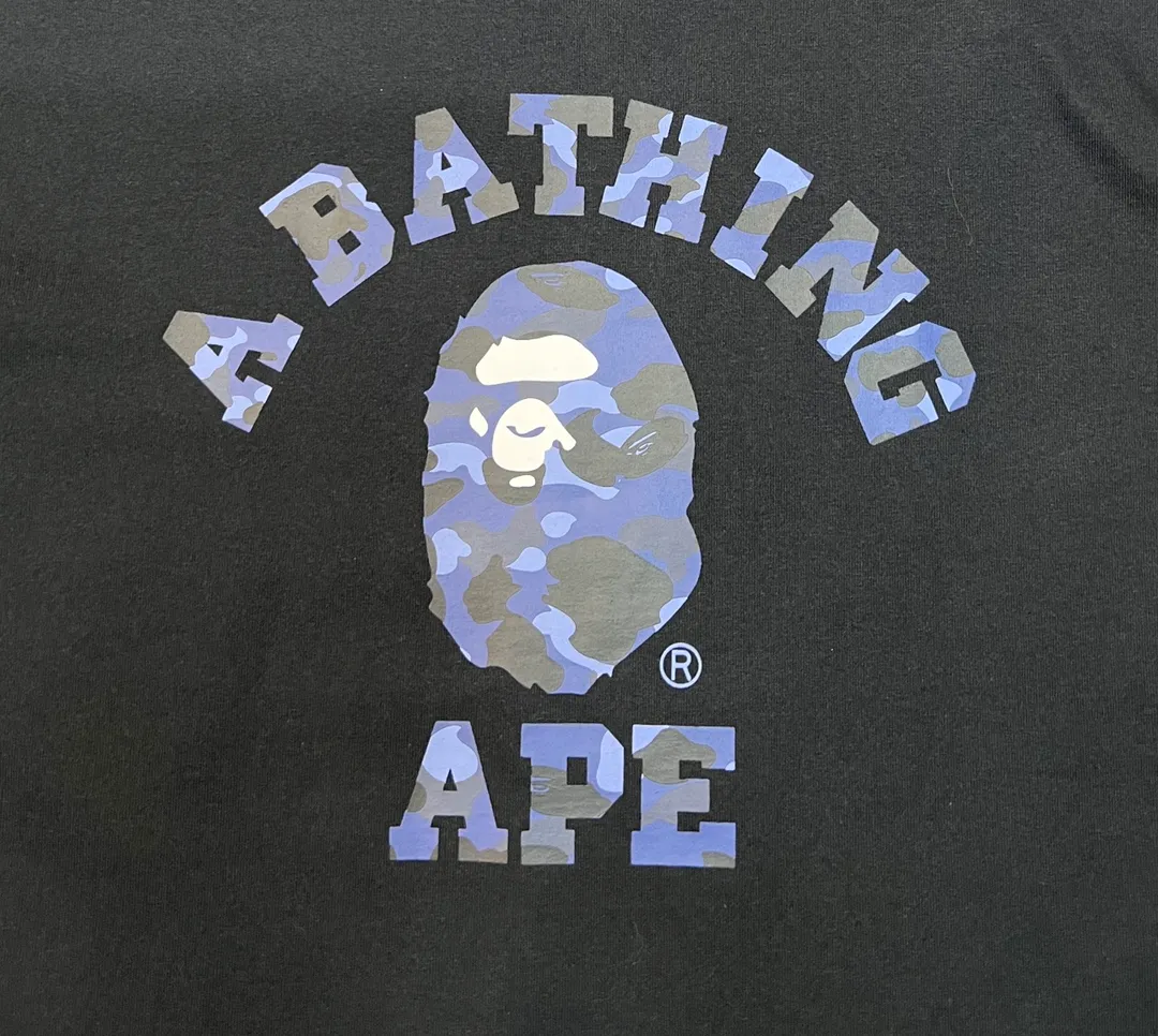 💰140 BAPE camouflage ape head letter printed short-sleeved T-shirt 270g weight linen cotton fabric Couple style: S-XXL [white blue black blue white purple black purple white red black red]