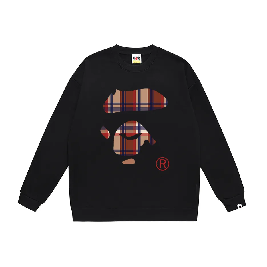 P150 model number SC492# terry 75 plus velvet 80 (top version) BAPE plaid ape face letter pattern printed round neck sweatshirt Made of 350g large terry (drop shoulder large version) fabric, soft texture and no pilling Imported environmentally friendly printing glue The pattern is bright and three-dimensional Quality 💥Same style for men and women The upper body is trendy Color: black white gray Size: S M L XL XXL
