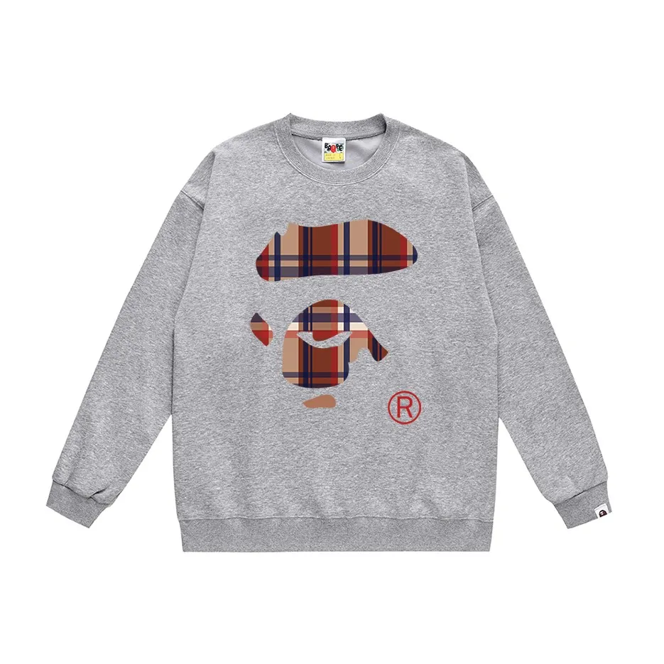 P150 model number SC492# terry 75 plus velvet 80 (top version) BAPE plaid ape face letter pattern printed round neck sweatshirt Made of 350g large terry (drop shoulder large version) fabric, soft texture and no pilling Imported environmentally friendly printing glue The pattern is bright and three-dimensional Quality 💥Same style for men and women The upper body is trendy Color: black white gray Size: S M L XL XXL
