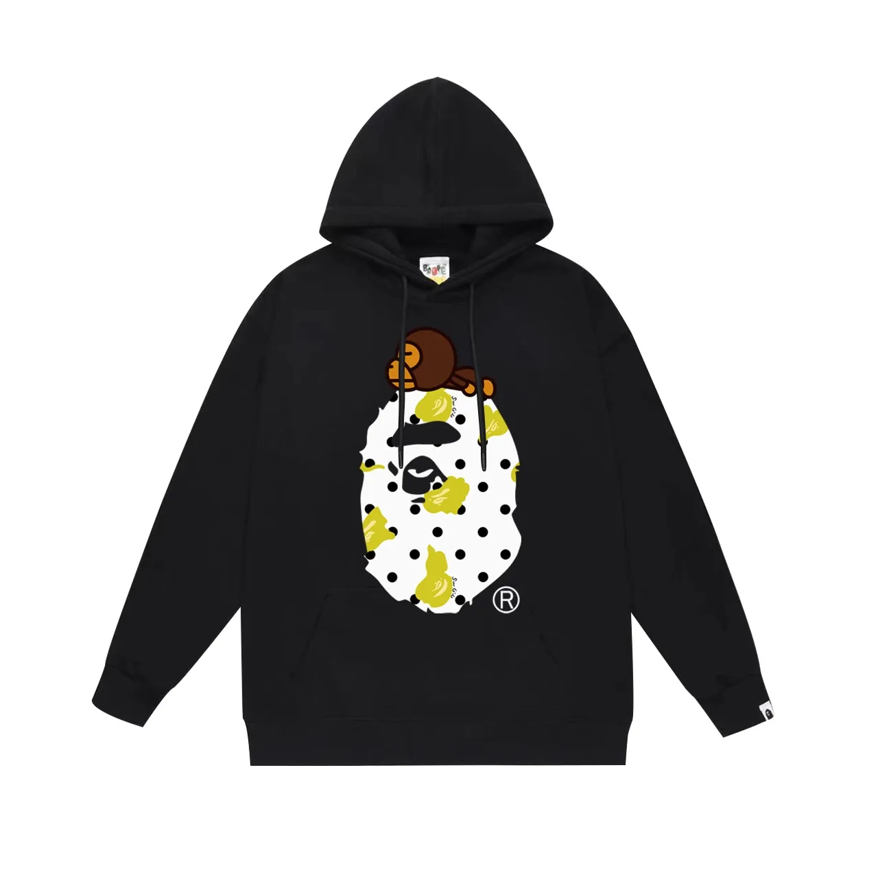 Model No. SC681# terry p160 plus velvet p180💰 (top version) BAPE ape-man head polka dot pattern BABY MILO printed hooded sweatshirt. Made of 380g large terry 430g silver fox velvet (drop shoulder large version) fabric. The texture is soft and non-pilling. Imported environmentally friendly printing glue. The pattern is bright and three-dimensional. Quality💥Same style for men and women. The upper body is trendy. Color: black white gray Size: S M L XL XXL