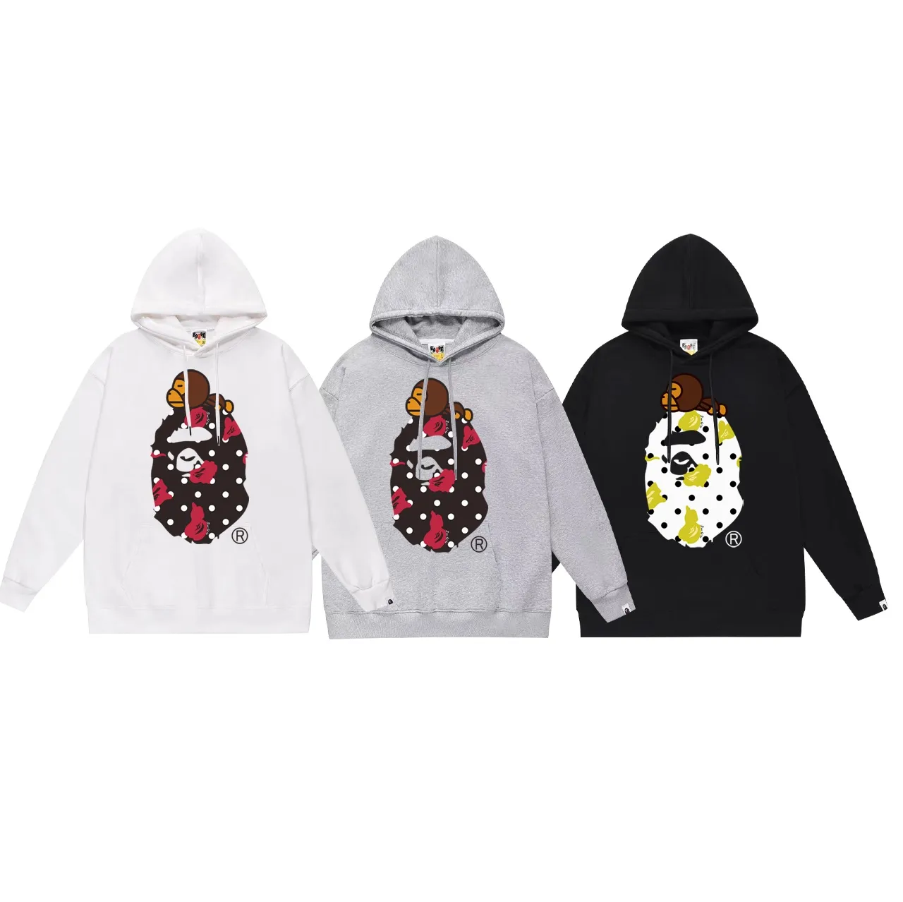 Model No. SC681# terry p160 plus velvet p180💰 (top version) BAPE ape-man head polka dot pattern BABY MILO printed hooded sweatshirt. Made of 380g large terry 430g silver fox velvet (drop shoulder large version) fabric. The texture is soft and non-pilling. Imported environmentally friendly printing glue. The pattern is bright and three-dimensional. Quality💥Same style for men and women. The upper body is trendy. Color: black white gray Size: S M L XL XXL