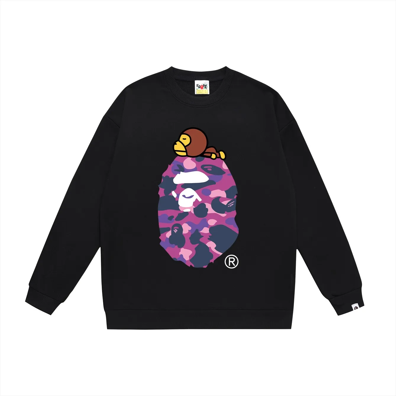 P150 model number SC463# terry 75 plus velvet 80 (top version) BAPE classic monogram ape head print round neck sweatshirt. Made of 350g large terry (drop shoulder large version) fabric, soft texture and no pilling. Imported environmentally friendly printing glue. Bright and three-dimensional pattern. Quality 💥Same style for men and women. The upper body is trendy. Colors: black and red, white and red, gray and red, black and blue, white and blue, gray and blue, black and green, white and green, white and gray. Black Purple White Purple Gray Purple Size: S M L XL XXL
