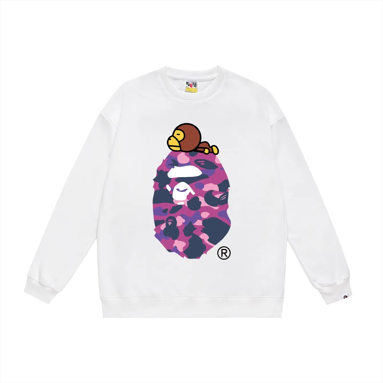 P150 model number SC463# terry 75 plus velvet 80 (top version) BAPE classic monogram ape head print round neck sweatshirt. Made of 350g large terry (drop shoulder large version) fabric, soft texture and no pilling. Imported environmentally friendly printing glue. Bright and three-dimensional pattern. Quality 💥Same style for men and women. The upper body is trendy. Colors: black and red, white and red, gray and red, black and blue, white and blue, gray and blue, black and green, white and green, white and gray. Black Purple White Purple Gray Purple Size: S M L XL XXL