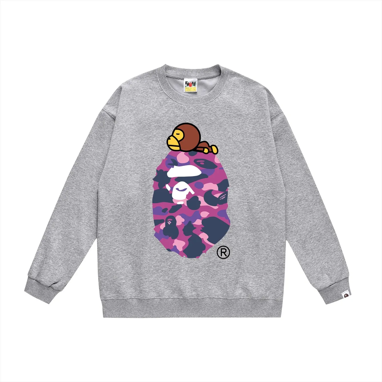 P150 model number SC463# terry 75 plus velvet 80 (top version) BAPE classic monogram ape head print round neck sweatshirt. Made of 350g large terry (drop shoulder large version) fabric, soft texture and no pilling. Imported environmentally friendly printing glue. Bright and three-dimensional pattern. Quality 💥Same style for men and women. The upper body is trendy. Colors: black and red, white and red, gray and red, black and blue, white and blue, gray and blue, black and green, white and green, white and gray. Black Purple White Purple Gray Purple Size: S M L XL XXL