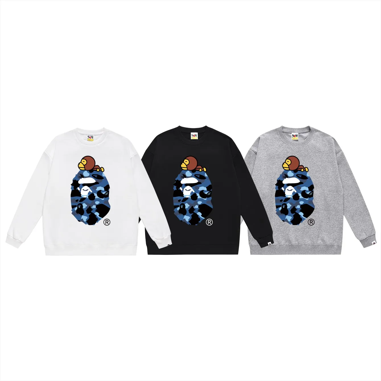 P150 model number SC463# terry 75 plus velvet 80 (top version) BAPE classic monogram ape head print round neck sweatshirt. Made of 350g large terry (drop shoulder large version) fabric, soft texture and no pilling. Imported environmentally friendly printing glue. Bright and three-dimensional pattern. Quality 💥Same style for men and women. The upper body is trendy. Colors: black and red, white and red, gray and red, black and blue, white and blue, gray and blue, black and green, white and green, white and gray. Black Purple White Purple Gray Purple Size: S M L XL XXL