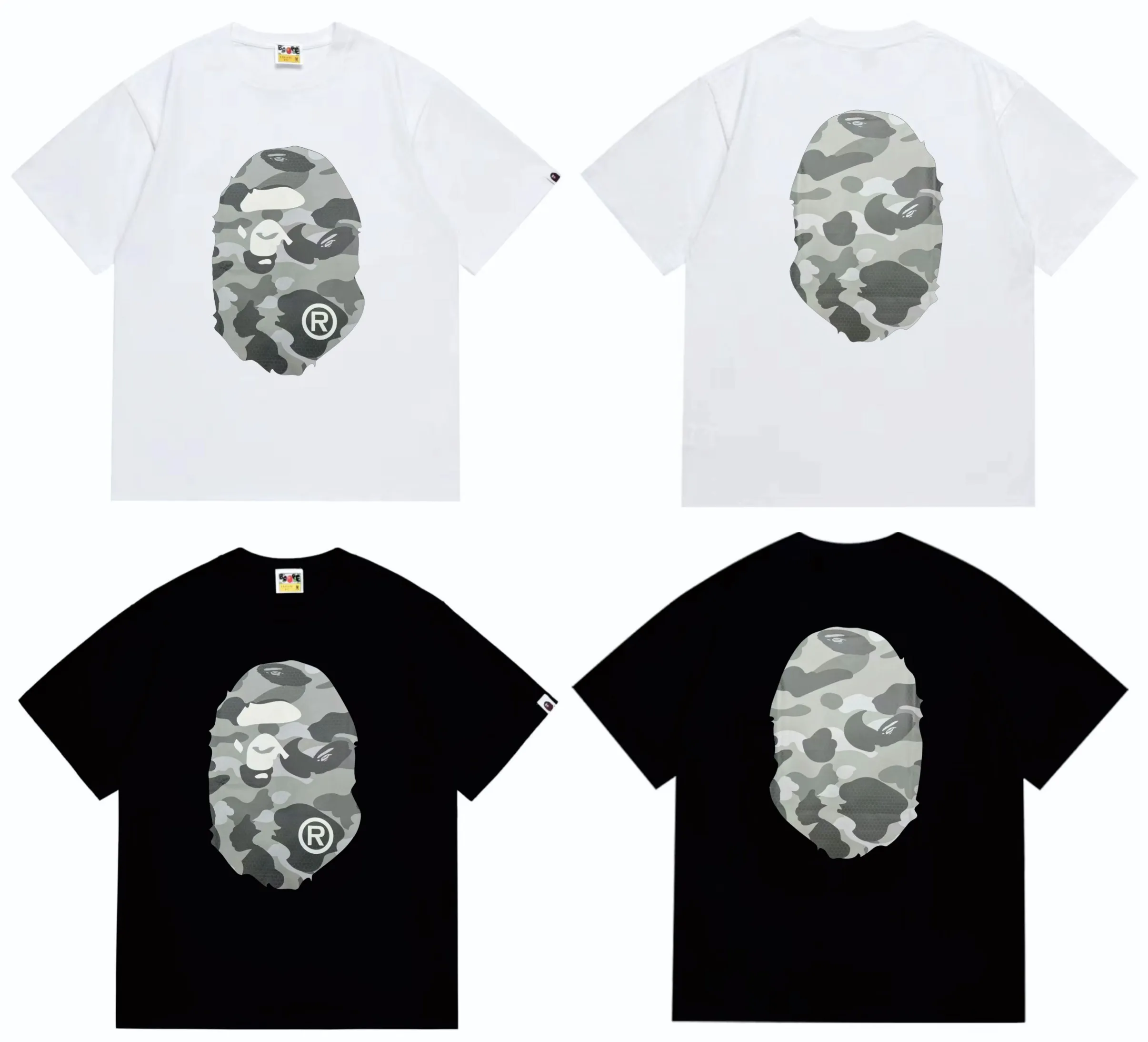 SC252#p110💰 (Top version) BAPE honeycomb camouflage letters great ape head double-sided printed T-shirt. Made of 260 grams of high-quality high-weave pure cotton fabric. Double yarn combed, soft texture and no pilling. Imported environmentally friendly printing glue. The pattern is bright and three-dimensional. The quality is the same for men and women. The upper body is trendy. Color: black and blue, white and blue, black and gray, white and gray. Size: S M L XL XXL