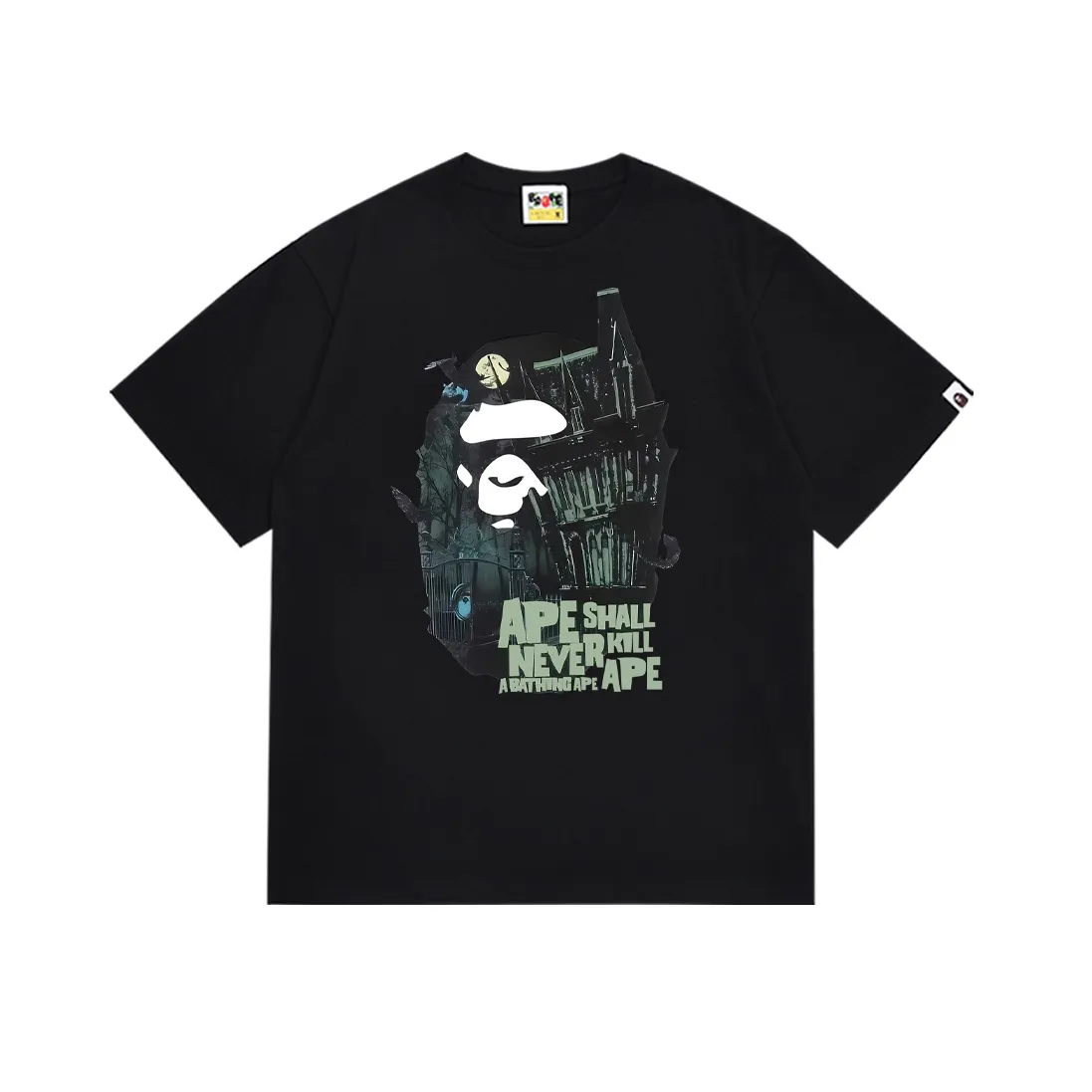 SC147#p110💰 (Top version) BAPE Halloween limited ape head mansion pattern short-sleeved T-shirt. Made of 260 grams of high-quality high-weave pure cotton fabric. Double yarn combed, soft texture and no pilling. Imported environmentally friendly printing glue. Bright and three-dimensional pattern. Quality💥Same style for men and women. The upper body is trendy. Color: black white. Size: S M L XL XXL