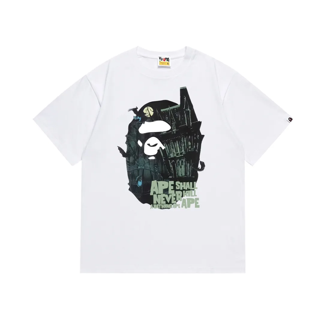 SC147#p110💰 (Top version) BAPE Halloween limited ape head mansion pattern short-sleeved T-shirt. Made of 260 grams of high-quality high-weave pure cotton fabric. Double yarn combed, soft texture and no pilling. Imported environmentally friendly printing glue. Bright and three-dimensional pattern. Quality💥Same style for men and women. The upper body is trendy. Color: black white. Size: S M L XL XXL