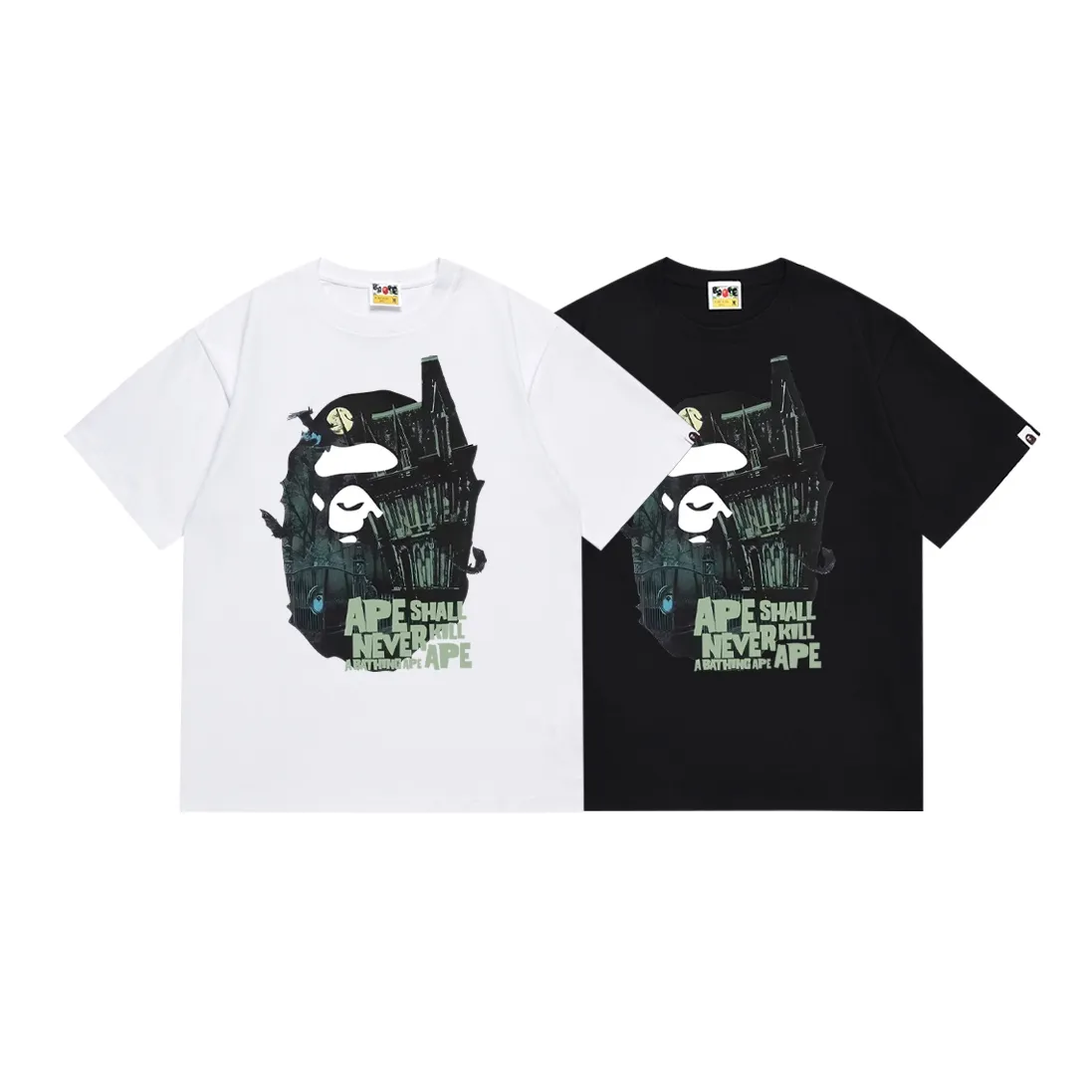 SC147#p110💰 (Top version) BAPE Halloween limited ape head mansion pattern short-sleeved T-shirt. Made of 260 grams of high-quality high-weave pure cotton fabric. Double yarn combed, soft texture and no pilling. Imported environmentally friendly printing glue. Bright and three-dimensional pattern. Quality💥Same style for men and women. The upper body is trendy. Color: black white. Size: S M L XL XXL