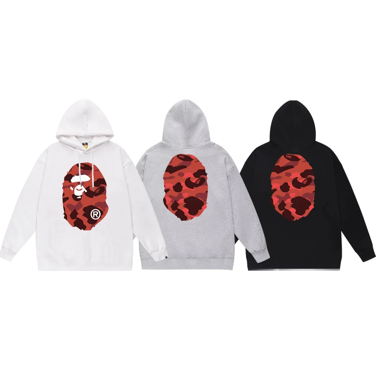 Model number SC660#terry p160 plus velvet p180💰 (top version) BAPE double-sided camouflage ape head print hooded sweatshirt. Made of 380g large terry 430g silver fox velvet (drop shoulder large version) fabric. The texture is soft and non-pilling. Imported environmentally friendly printing glue. The pattern is bright and three-dimensional. Quality💥Same style for men and women. The upper body is trendy. Color: black and red, white and red, gray and red. Size: S M L XL XXL