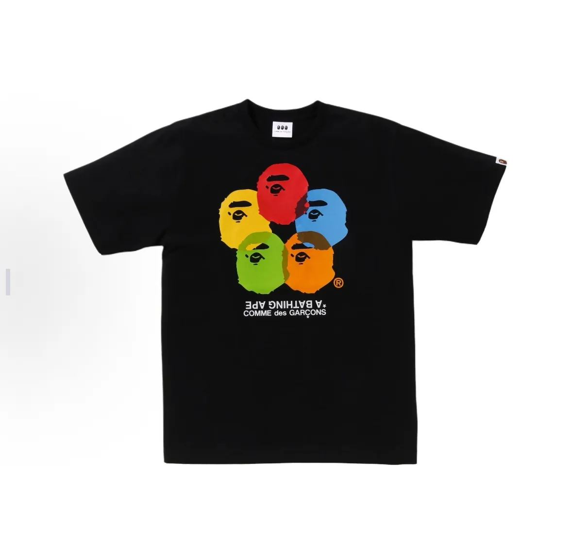P110 001146 BAPE x CDG OSAKA joint model SS25 overlapping bright logo pattern round neck short-sleeved T-shirt, same style for men and women, size smlxlxxl, black and white