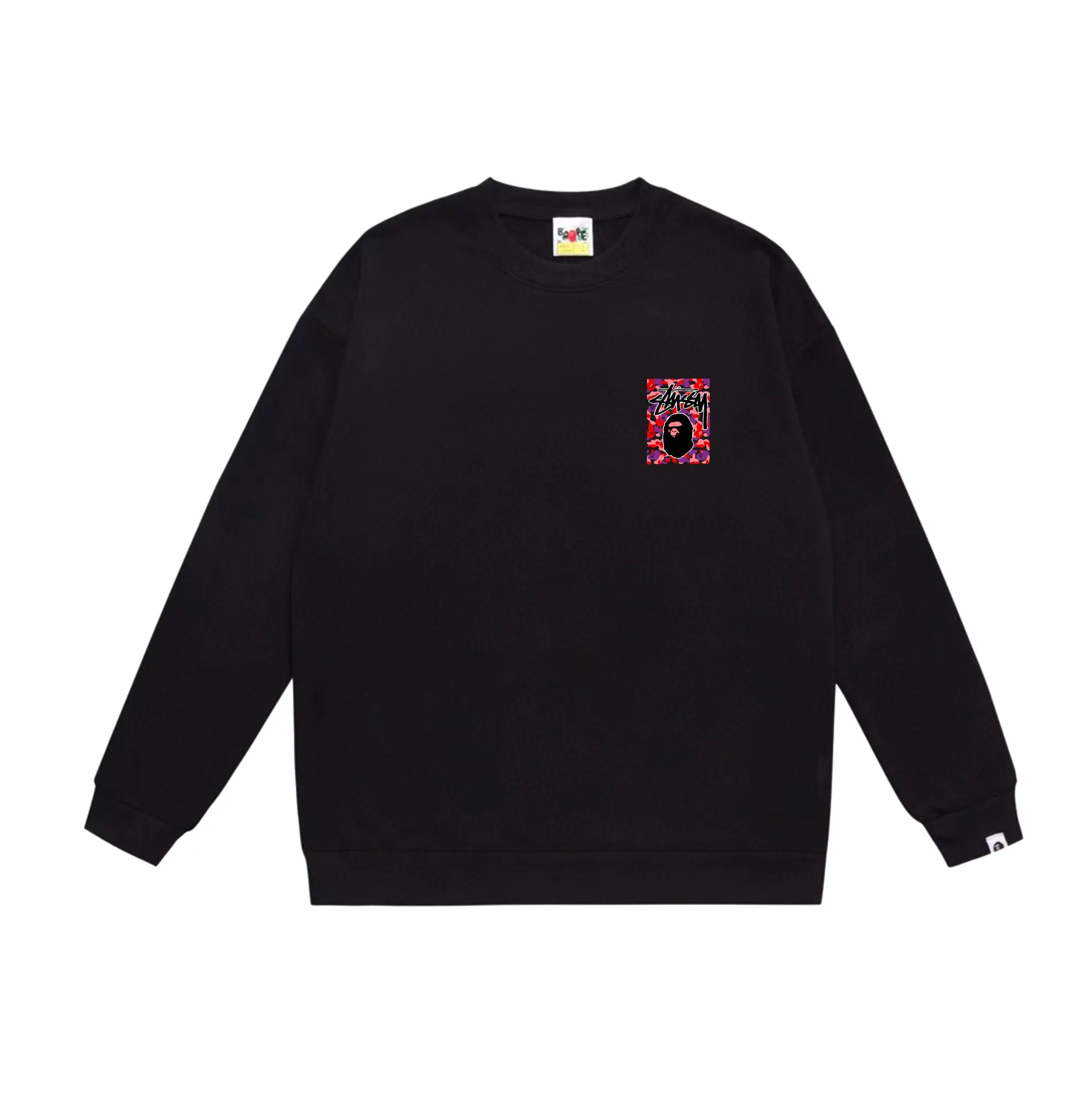 P150 model number SC503# terry 75 plus velvet 80 (top version) BAPE×STUSSY co-branded Stussy letter round neck sweatshirt Made of 350 grams of large terry (drop shoulder large version) fabric, soft texture and no pilling Imported environmentally friendly printing glue, bright and three-dimensional pattern, quality 💥Same style for men and women, the upper body is trendy Color: black red and white white red white gray red white black red black white red black gray red black Size: S M L XL XXL
