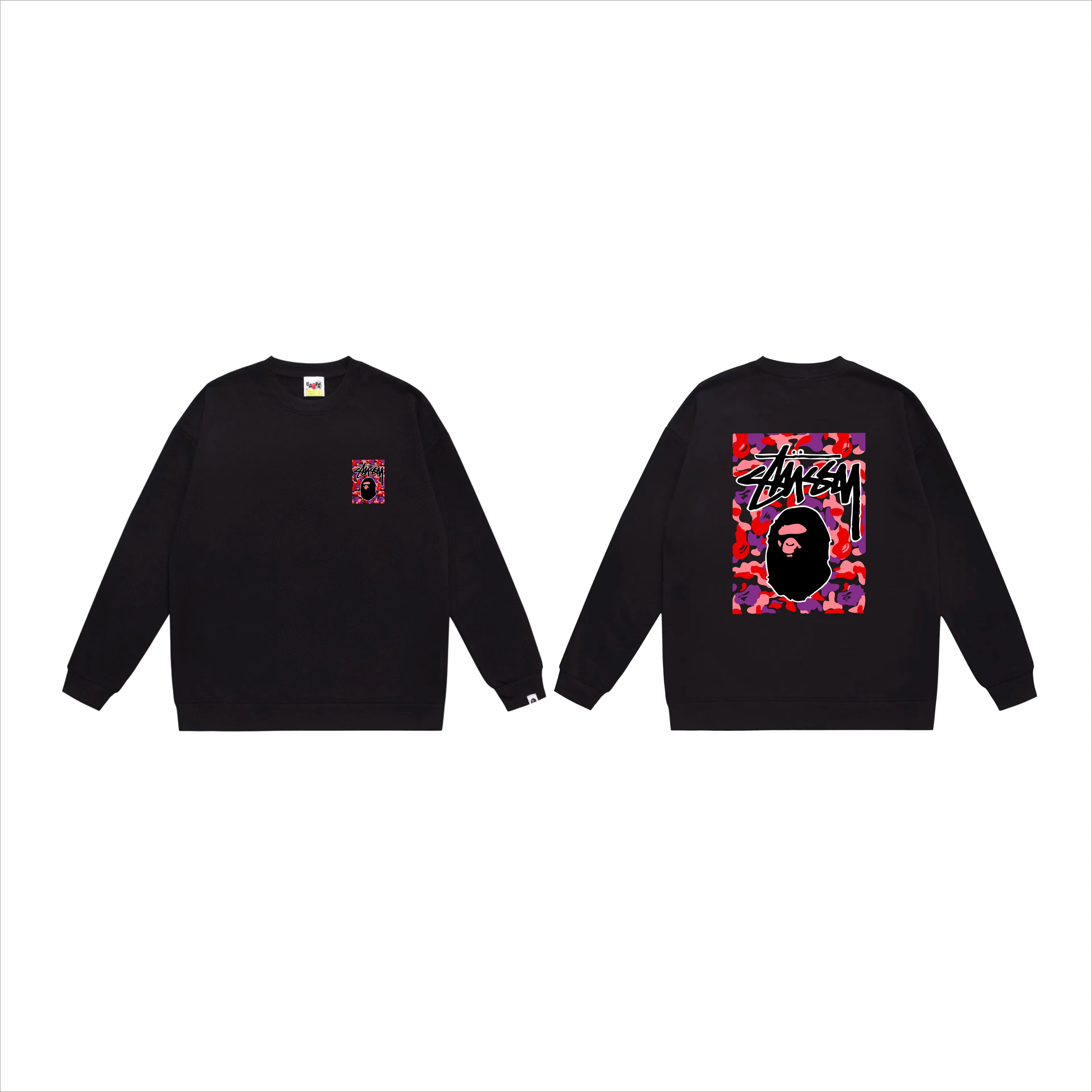 P150 model number SC503# terry 75 plus velvet 80 (top version) BAPE×STUSSY co-branded Stussy letter round neck sweatshirt Made of 350 grams of large terry (drop shoulder large version) fabric, soft texture and no pilling Imported environmentally friendly printing glue, bright and three-dimensional pattern, quality 💥Same style for men and women, the upper body is trendy Color: black red and white white red white gray red white black red black white red black gray red black Size: S M L XL XXL