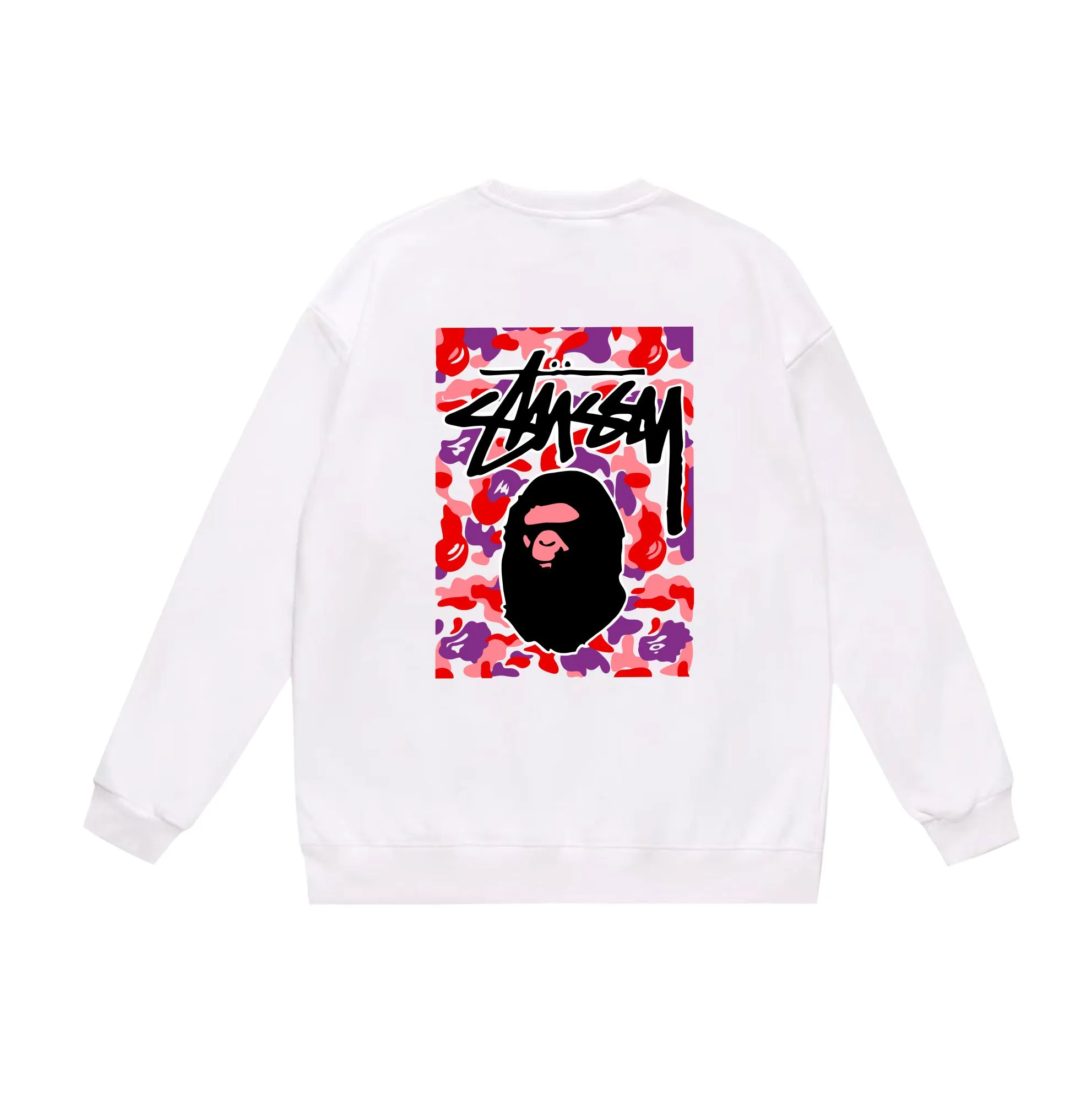 P150 model number SC503# terry 75 plus velvet 80 (top version) BAPE×STUSSY co-branded Stussy letter round neck sweatshirt Made of 350 grams of large terry (drop shoulder large version) fabric, soft texture and no pilling Imported environmentally friendly printing glue, bright and three-dimensional pattern, quality 💥Same style for men and women, the upper body is trendy Color: black red and white white red white gray red white black red black white red black gray red black Size: S M L XL XXL