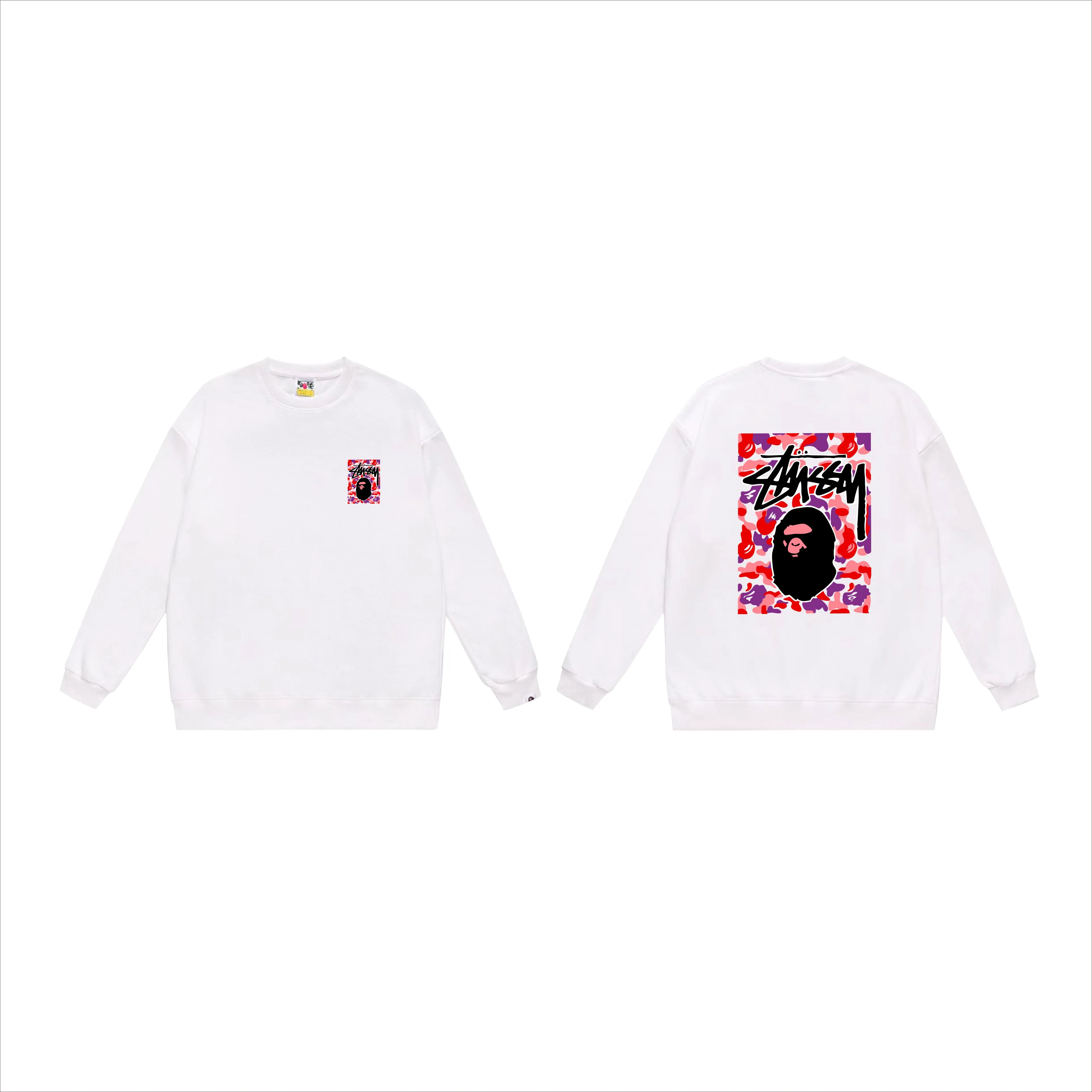P150 model number SC503# terry 75 plus velvet 80 (top version) BAPE×STUSSY co-branded Stussy letter round neck sweatshirt Made of 350 grams of large terry (drop shoulder large version) fabric, soft texture and no pilling Imported environmentally friendly printing glue, bright and three-dimensional pattern, quality 💥Same style for men and women, the upper body is trendy Color: black red and white white red white gray red white black red black white red black gray red black Size: S M L XL XXL