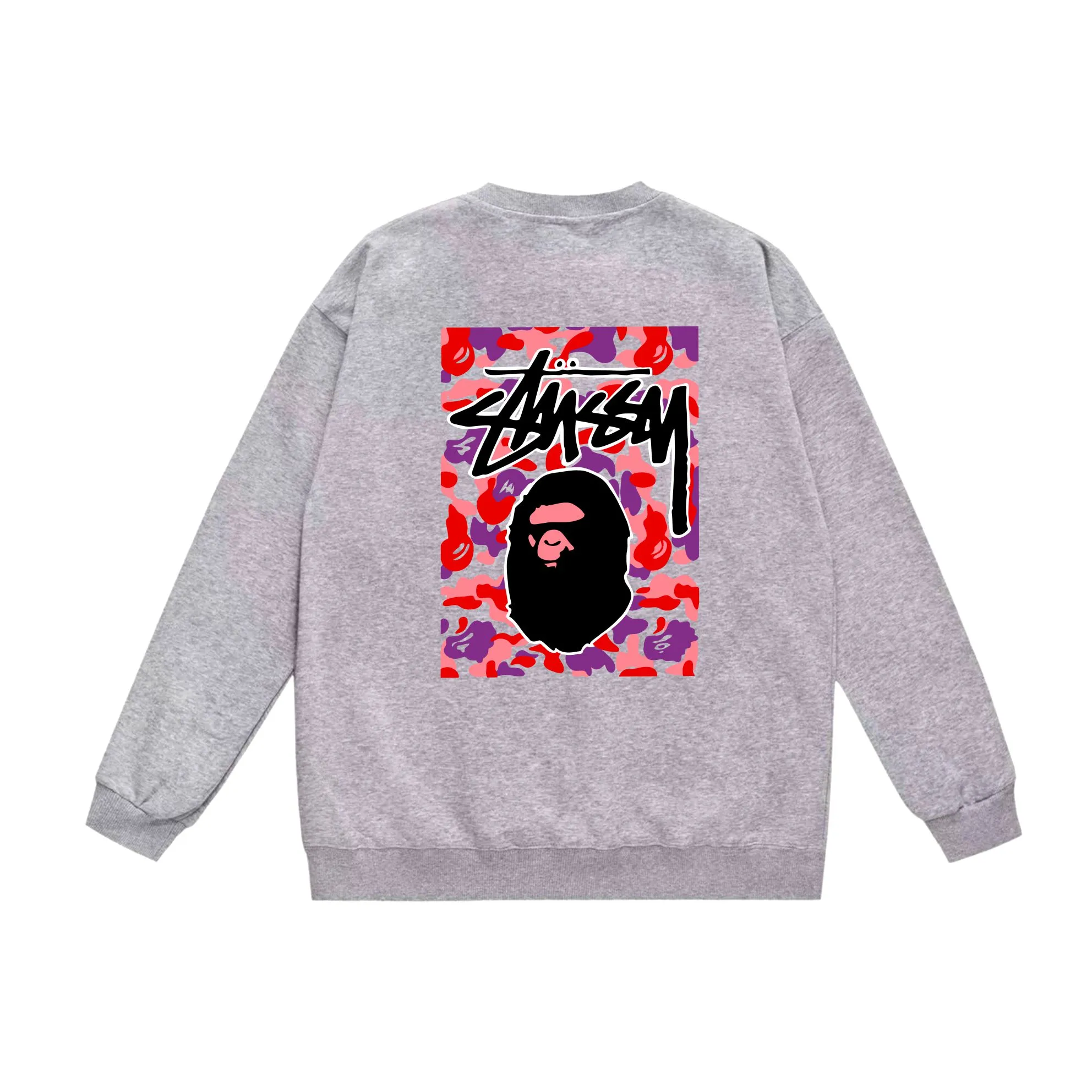 P150 model number SC503# terry 75 plus velvet 80 (top version) BAPE×STUSSY co-branded Stussy letter round neck sweatshirt Made of 350 grams of large terry (drop shoulder large version) fabric, soft texture and no pilling Imported environmentally friendly printing glue, bright and three-dimensional pattern, quality 💥Same style for men and women, the upper body is trendy Color: black red and white white red white gray red white black red black white red black gray red black Size: S M L XL XXL