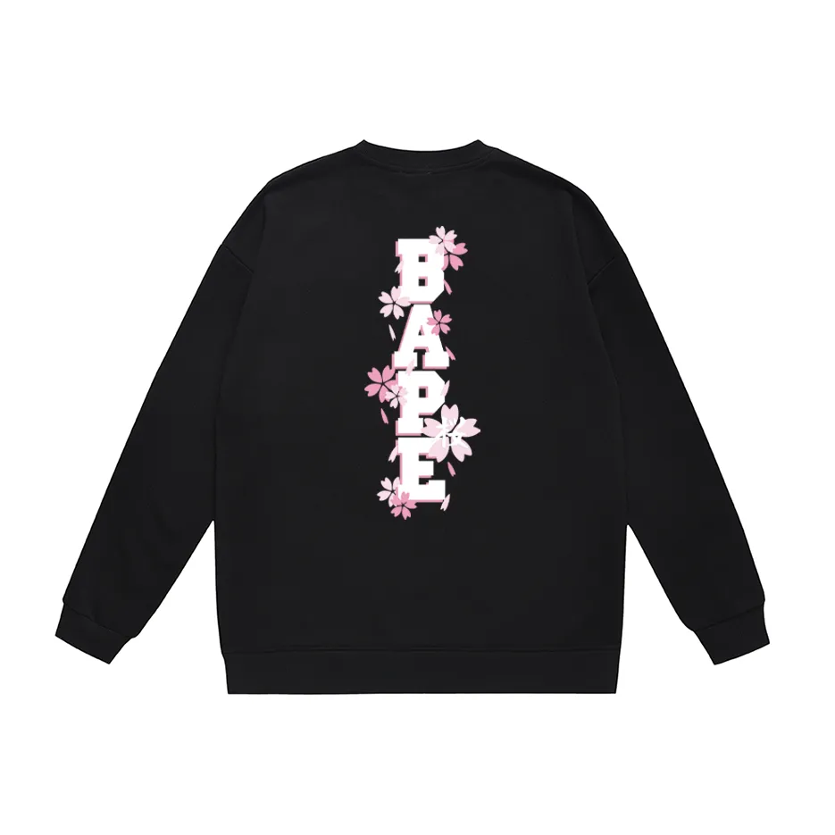 P170 model number SC303# terry 80 plus velvet 85 (top version) BAPE SAKURA ape head cherry blossom letter printed round neck sweatshirt Made of 350g large terry (drop shoulder large version) fabric, soft texture and no pilling Imported environmentally friendly printing glue The pattern is bright and three-dimensional Quality 💥Same style for men and women The upper body is fashionable Color: black white gray Size: S M L XL XXL