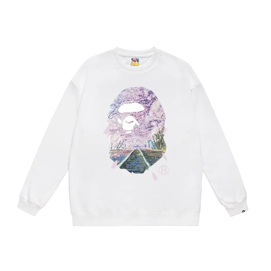 P170 model number SC303# terry 80 plus velvet 85 (top version) BAPE SAKURA ape head cherry blossom letter printed round neck sweatshirt Made of 350g large terry (drop shoulder large version) fabric, soft texture and no pilling Imported environmentally friendly printing glue The pattern is bright and three-dimensional Quality 💥Same style for men and women The upper body is fashionable Color: black white gray Size: S M L XL XXL
