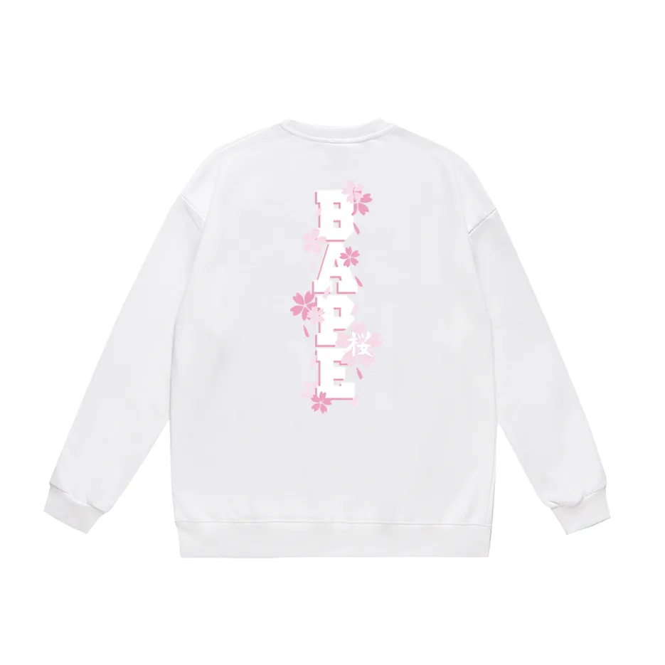 P170 model number SC303# terry 80 plus velvet 85 (top version) BAPE SAKURA ape head cherry blossom letter printed round neck sweatshirt Made of 350g large terry (drop shoulder large version) fabric, soft texture and no pilling Imported environmentally friendly printing glue The pattern is bright and three-dimensional Quality 💥Same style for men and women The upper body is fashionable Color: black white gray Size: S M L XL XXL