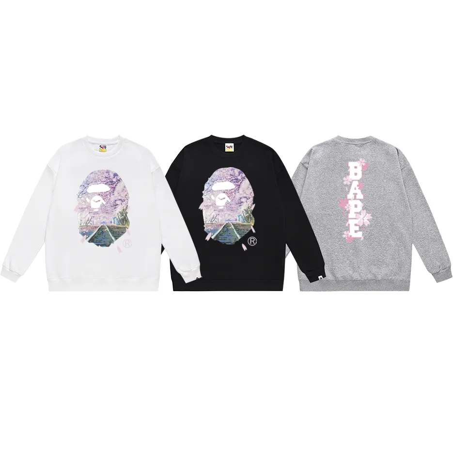 P170 model number SC303# terry 80 plus velvet 85 (top version) BAPE SAKURA ape head cherry blossom letter printed round neck sweatshirt Made of 350g large terry (drop shoulder large version) fabric, soft texture and no pilling Imported environmentally friendly printing glue The pattern is bright and three-dimensional Quality 💥Same style for men and women The upper body is fashionable Color: black white gray Size: S M L XL XXL