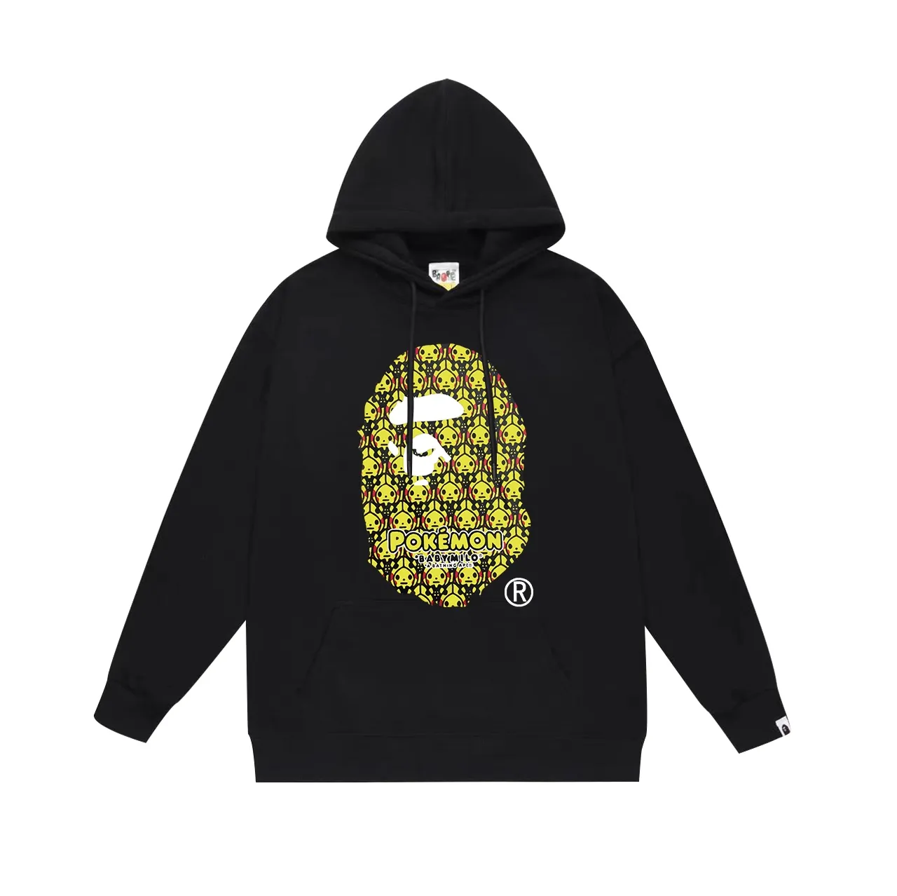 P190 model number SC620# terry 85 plus velvet 95 (top version) BAPE POKÉMON Pikachu Kemen co-branded ape head print hooded sweatshirt Made of 380g large terry 430g silver fox velvet (off-shoulder large version) fabric, soft texture and no pilling Imported environmentally friendly printing glue The pattern is bright and three-dimensional Quality 💥Same style for men and women The upper body is trendy Color: black white gray Size: S M L XL XXL