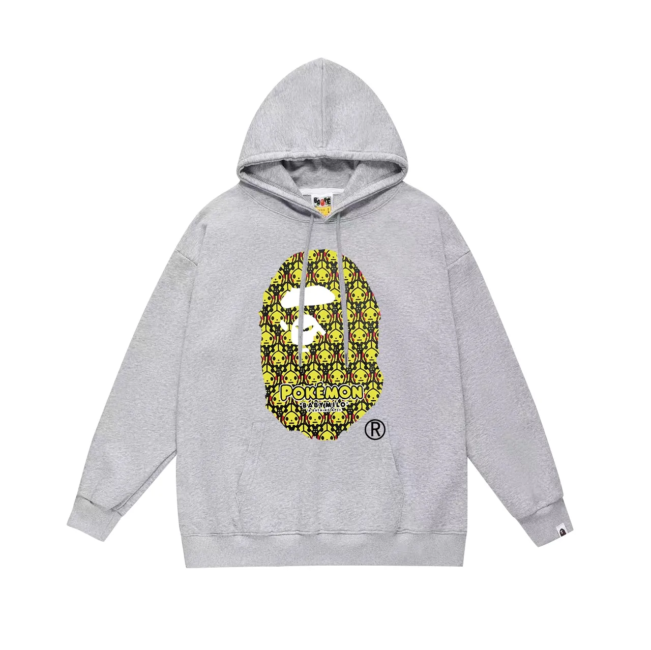 P190 model number SC620# terry 85 plus velvet 95 (top version) BAPE POKÉMON Pikachu Kemen co-branded ape head print hooded sweatshirt Made of 380g large terry 430g silver fox velvet (off-shoulder large version) fabric, soft texture and no pilling Imported environmentally friendly printing glue The pattern is bright and three-dimensional Quality 💥Same style for men and women The upper body is trendy Color: black white gray Size: S M L XL XXL