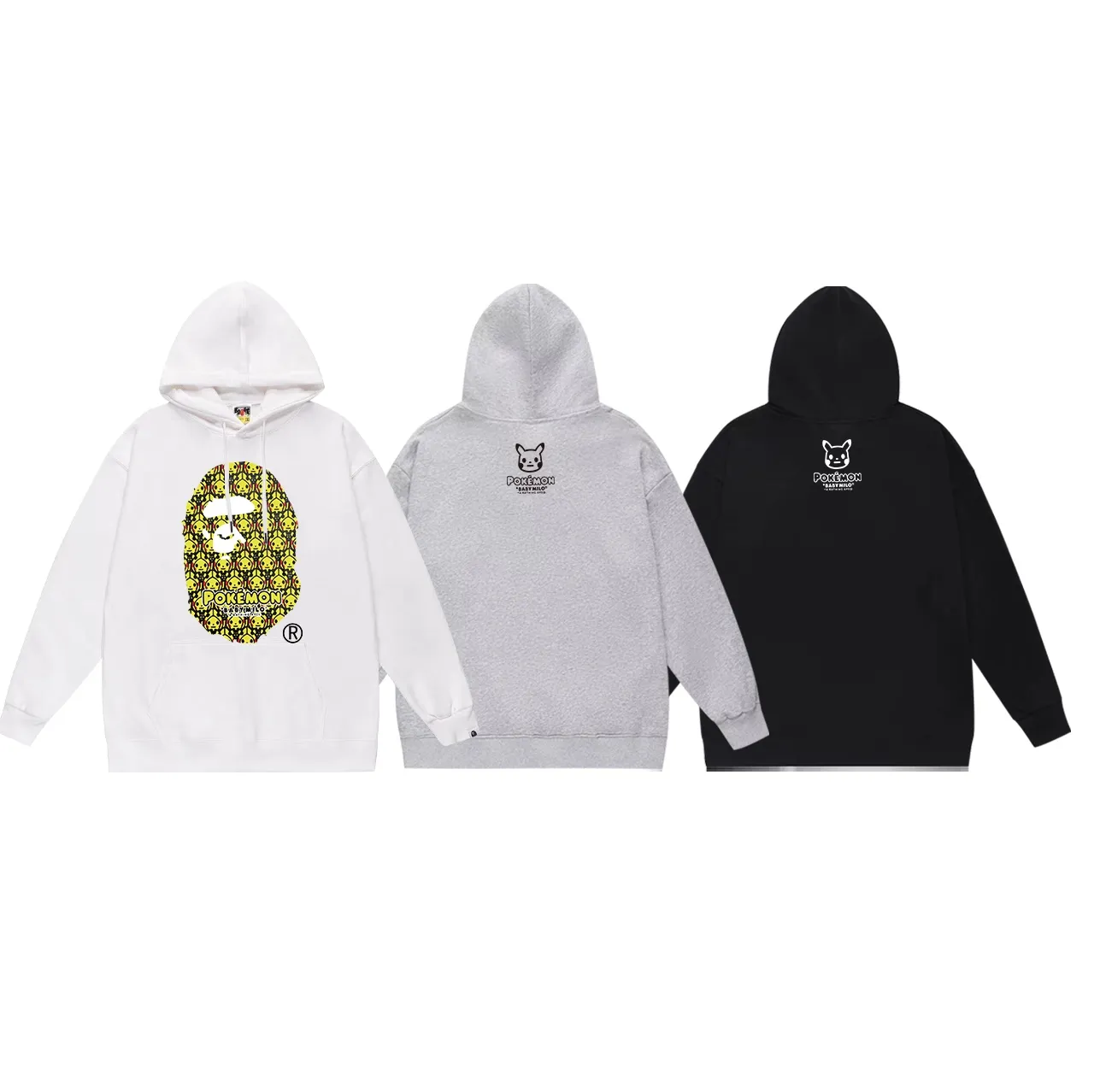 P190 model number SC620# terry 85 plus velvet 95 (top version) BAPE POKÉMON Pikachu Kemen co-branded ape head print hooded sweatshirt Made of 380g large terry 430g silver fox velvet (off-shoulder large version) fabric, soft texture and no pilling Imported environmentally friendly printing glue The pattern is bright and three-dimensional Quality 💥Same style for men and women The upper body is trendy Color: black white gray Size: S M L XL XXL
