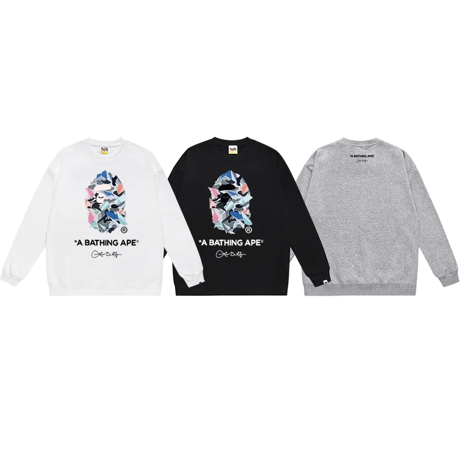 P170 model number SC308# terry 80 plus velvet 85 (top version) BAPE ape head letter printed round neck sweatshirt Made of 350g large terry (drop shoulder large version) fabric, soft and non-pilling, imported environmentally friendly printing glue, bright and three-dimensional pattern, quality 💥Same style for men and women, the upper body is fashionable Color: black white gray Size: S M L XL XXL