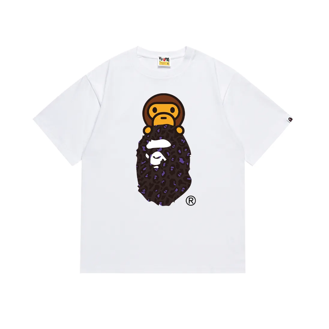 SC167#p110💰 (top version) BAPE leopard print ape head cartoon BABY MILO printed short-sleeved T-shirt Made of 260 grams of high-quality high-weave pure cotton fabric, double yarn combed, soft texture and no pilling Imported environmentally friendly printing glue, bright and three-dimensional pattern, quality 💥Same style for men and women, the upper body is fashionable Color: black and blue, white and blue, black and yellow, white and yellow Size: S M L XL XXL