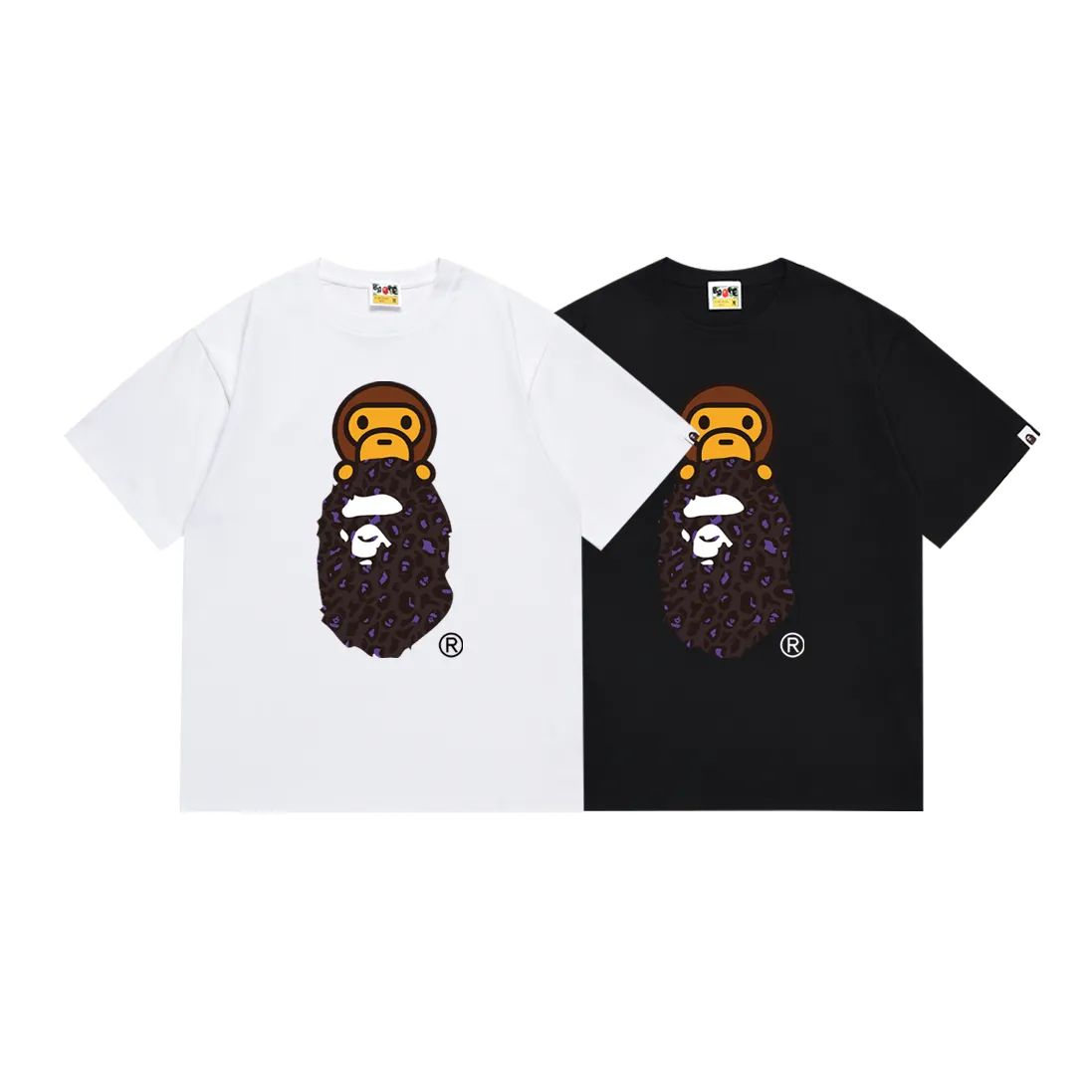 SC167#p110💰 (top version) BAPE leopard print ape head cartoon BABY MILO printed short-sleeved T-shirt Made of 260 grams of high-quality high-weave pure cotton fabric, double yarn combed, soft texture and no pilling Imported environmentally friendly printing glue, bright and three-dimensional pattern, quality 💥Same style for men and women, the upper body is fashionable Color: black and blue, white and blue, black and yellow, white and yellow Size: S M L XL XXL