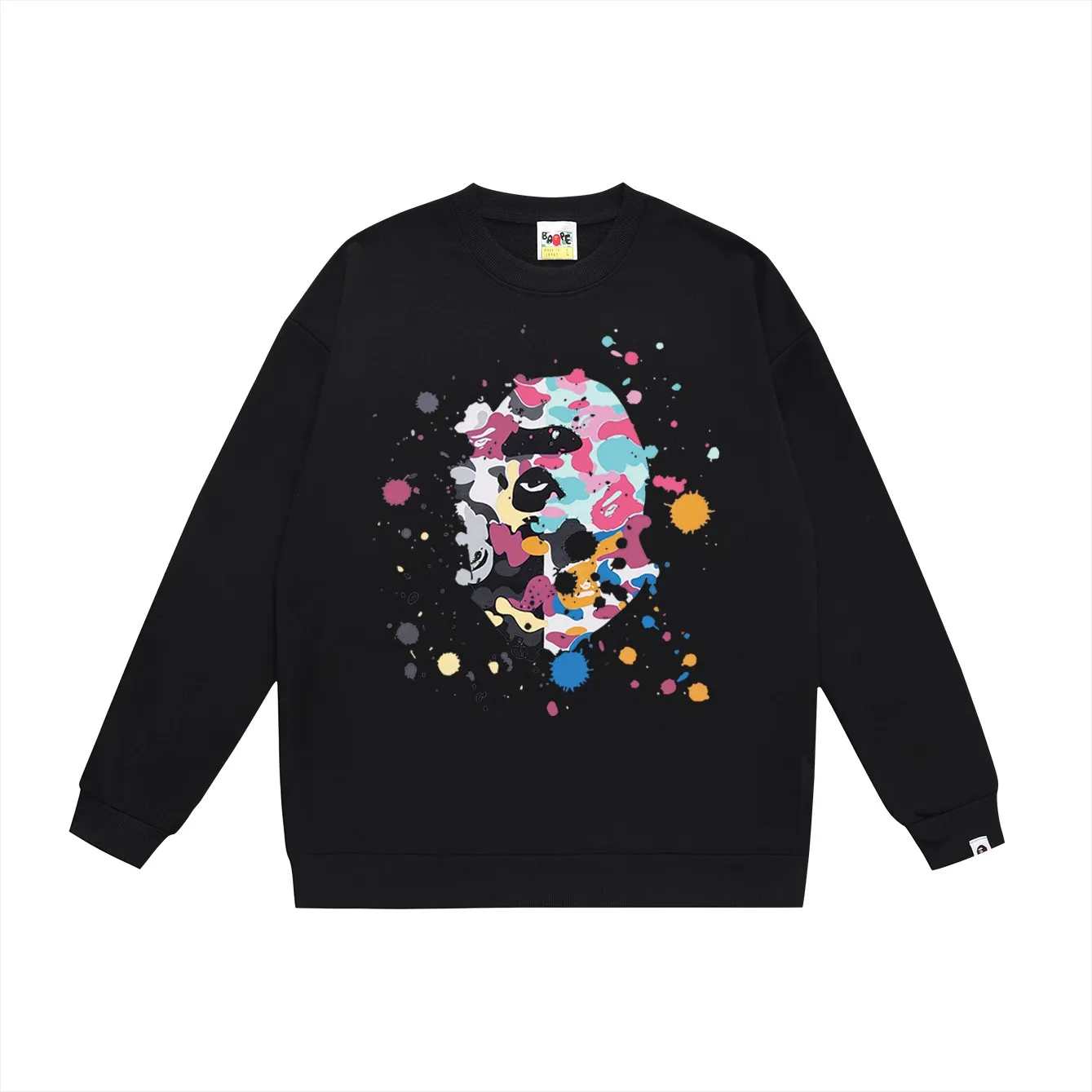 P150 model number SC443# terry 75 plus velvet 80 (top version) BAPE ape-man head splashed ink US limited print loose round neck sweatshirt. Made of 350g large terry (drop shoulder large version) fabric. The texture is soft and non-pilling. Imported environmentally friendly printing glue. The pattern is bright and three-dimensional. Quality 💥Same style for men and women. The upper body is trendy. Color: black white gray Size: S M L XL XXL