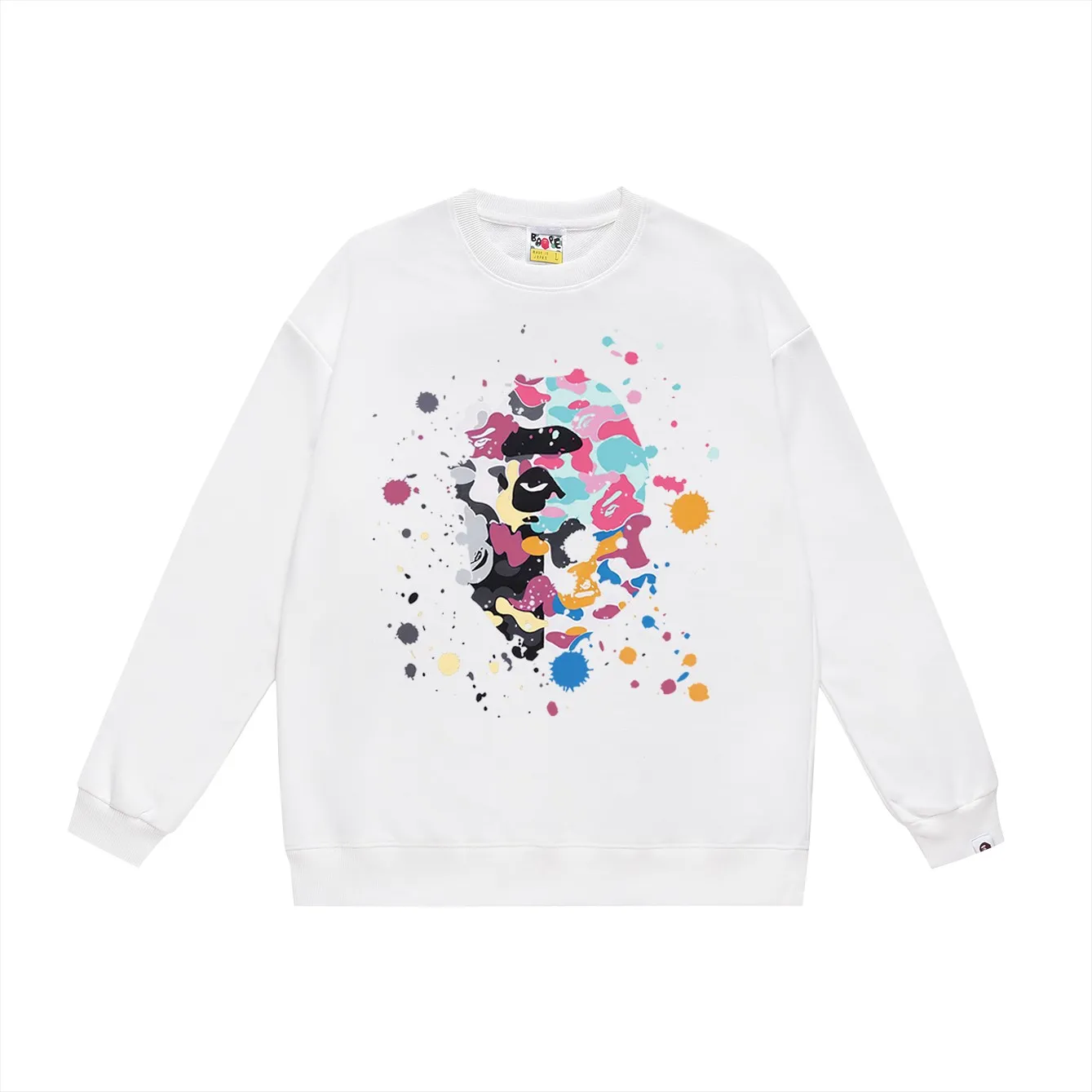 P150 model number SC443# terry 75 plus velvet 80 (top version) BAPE ape-man head splashed ink US limited print loose round neck sweatshirt. Made of 350g large terry (drop shoulder large version) fabric. The texture is soft and non-pilling. Imported environmentally friendly printing glue. The pattern is bright and three-dimensional. Quality 💥Same style for men and women. The upper body is trendy. Color: black white gray Size: S M L XL XXL