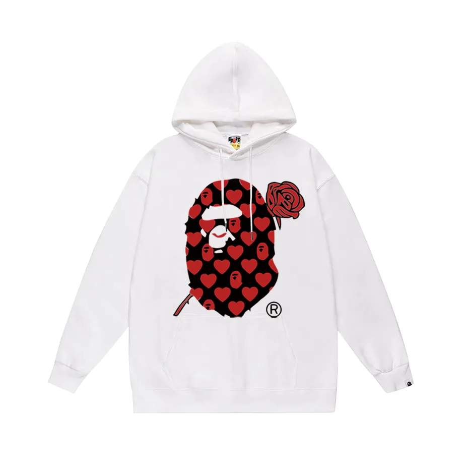 Model No. SC749# Terry p160 plus velvet 180💰 (top version) BAPE Red Rose Ape Head Love Pattern Hooded Sweater Made of 380g large terry (drop shoulder large version) fabric, soft texture and no pilling. Imported environmentally friendly printing glue, bright and three-dimensional pattern, quality 💥Same style for men and women. The upper body is trendy. Color: Black White Gray Size: S M L XL XXL