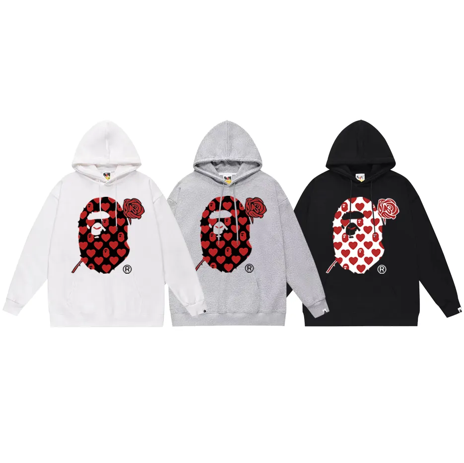 Model No. SC749# Terry p160 plus velvet 180💰 (top version) BAPE Red Rose Ape Head Love Pattern Hooded Sweater Made of 380g large terry (drop shoulder large version) fabric, soft texture and no pilling. Imported environmentally friendly printing glue, bright and three-dimensional pattern, quality 💥Same style for men and women. The upper body is trendy. Color: Black White Gray Size: S M L XL XXL