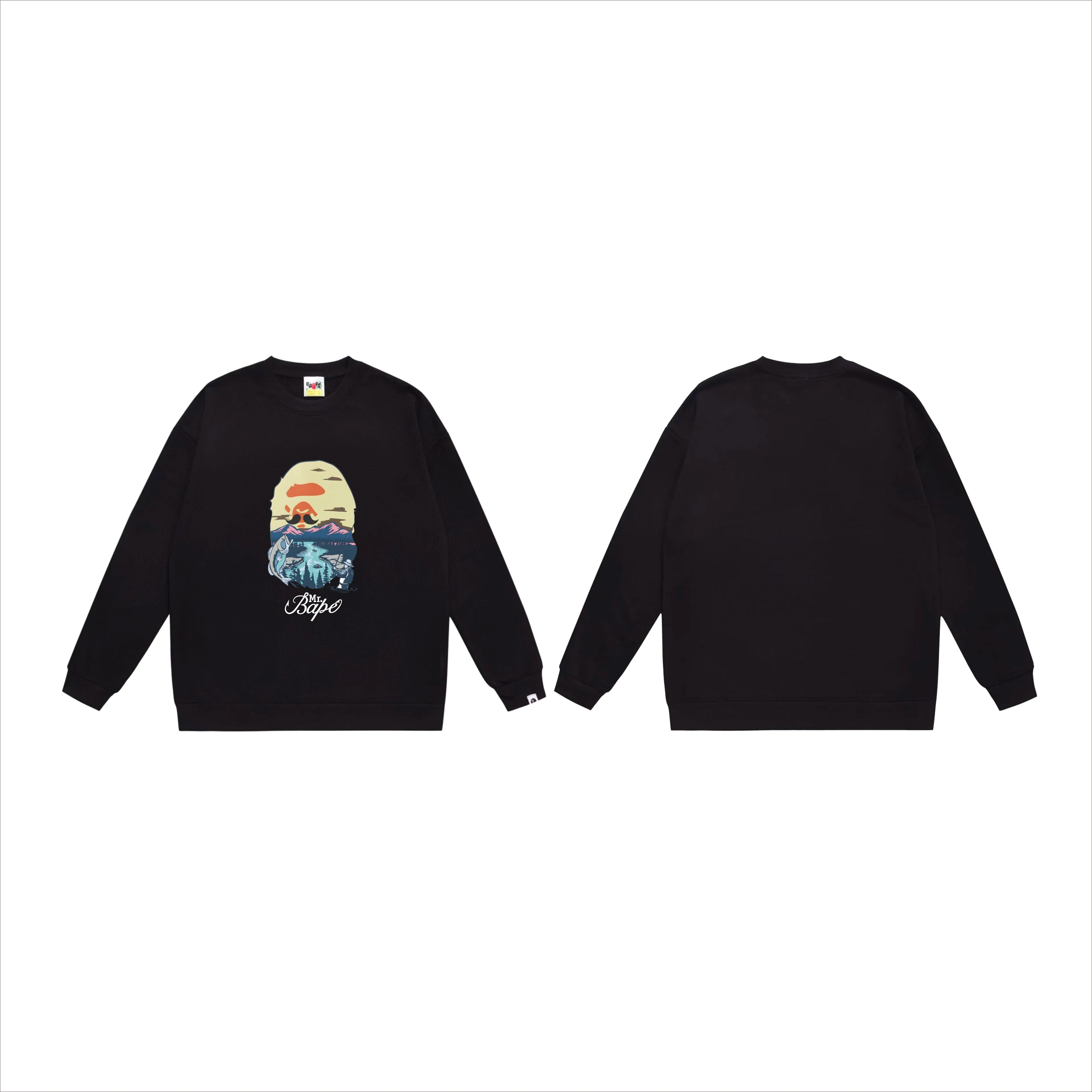 P150 model number SC526# terry 75 plus velvet 80 (top version) BAPE letter animal landscape pattern printed round neck sweatshirt Made of 350g large terry (drop shoulder large version) fabric, soft texture and no pilling Imported environmentally friendly printing glue The pattern is bright and three-dimensional Quality 💥Same style for men and women The upper body is trendy Color: black white gray Size: S M L XL XXL