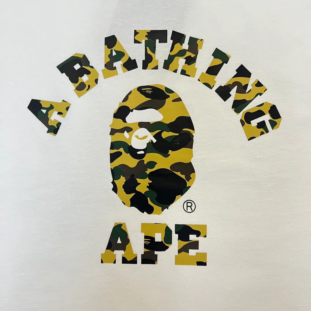 💰140 BAPE classic ape head letter camouflage print ZP version 280g weight linen cotton fabric Couple style: S-XXL [black and yellow, white and yellow, black and green, white and green]
