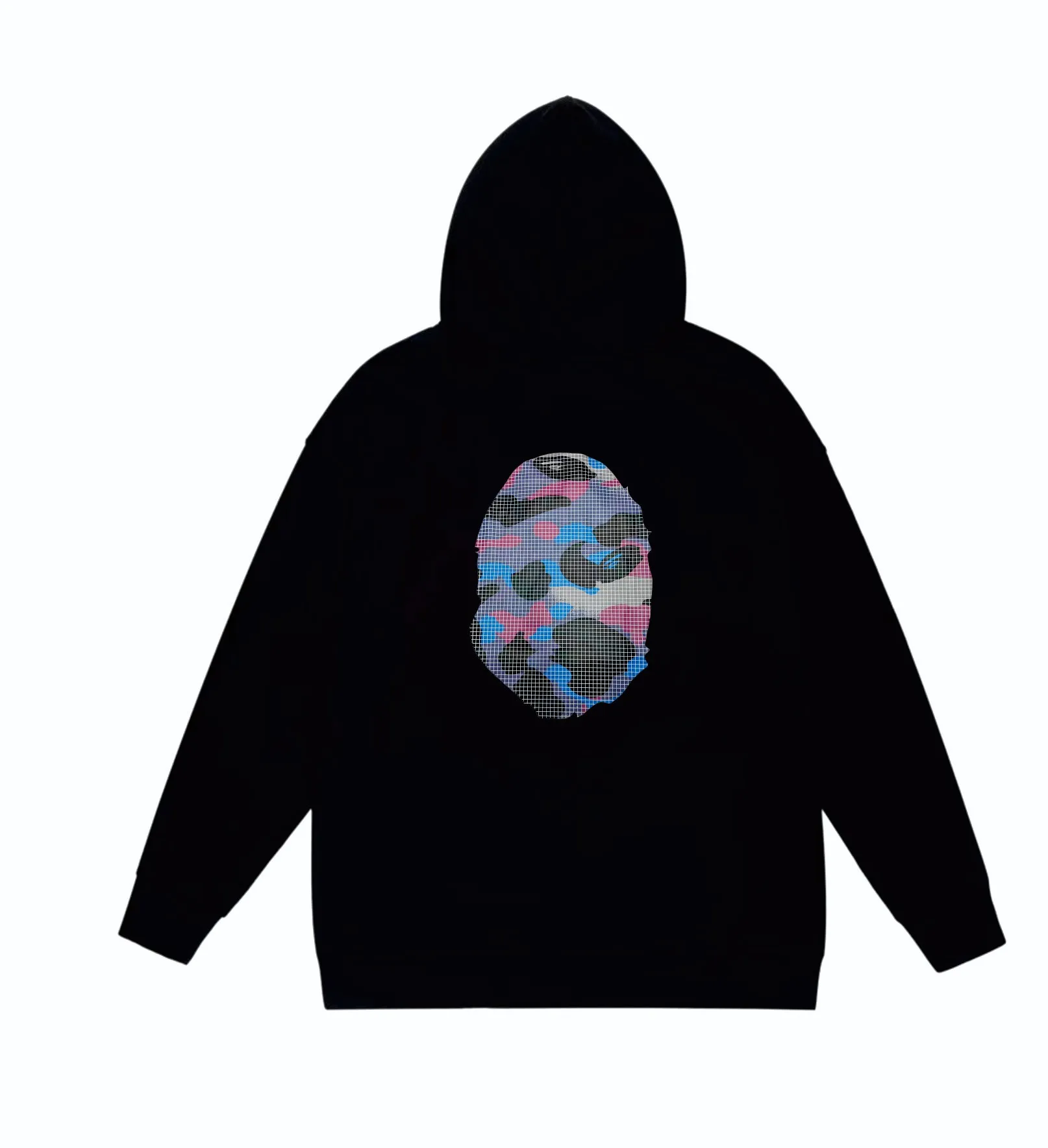 P160 model number SC845# terry 80 plus velvet 90 (top version) BAPE mesh camouflage ape head double-sided printed pattern hooded sweatshirt. Made of 380g large terry (drop shoulder large version) fabric. The texture is soft and non-pilling. Imported environmentally friendly printing glue. The pattern is bright and three-dimensional. Quality 💥Same style for men and women. The upper body is fashionable. Color: black white gray Size: S M L XL XXL