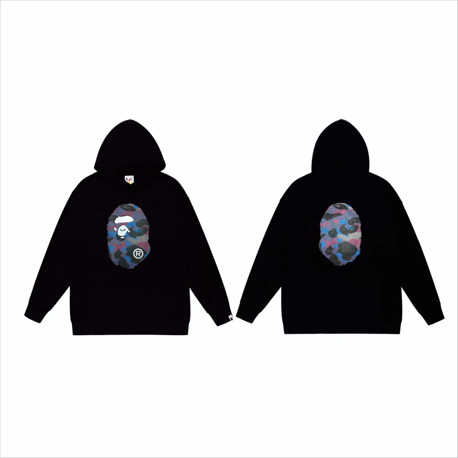 P160 model number SC845# terry 80 plus velvet 90 (top version) BAPE mesh camouflage ape head double-sided printed pattern hooded sweatshirt. Made of 380g large terry (drop shoulder large version) fabric. The texture is soft and non-pilling. Imported environmentally friendly printing glue. The pattern is bright and three-dimensional. Quality 💥Same style for men and women. The upper body is fashionable. Color: black white gray Size: S M L XL XXL