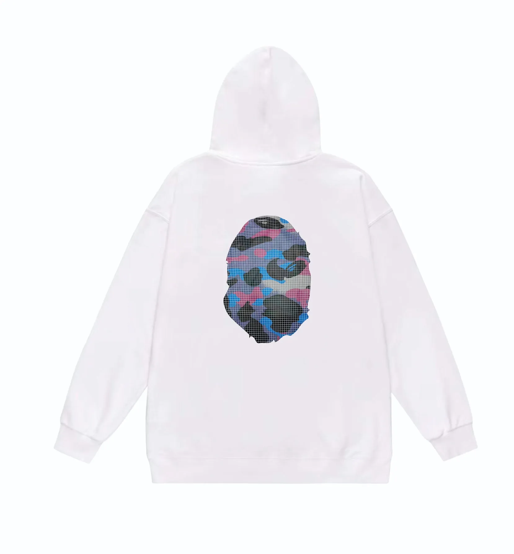 P160 model number SC845# terry 80 plus velvet 90 (top version) BAPE mesh camouflage ape head double-sided printed pattern hooded sweatshirt. Made of 380g large terry (drop shoulder large version) fabric. The texture is soft and non-pilling. Imported environmentally friendly printing glue. The pattern is bright and three-dimensional. Quality 💥Same style for men and women. The upper body is fashionable. Color: black white gray Size: S M L XL XXL