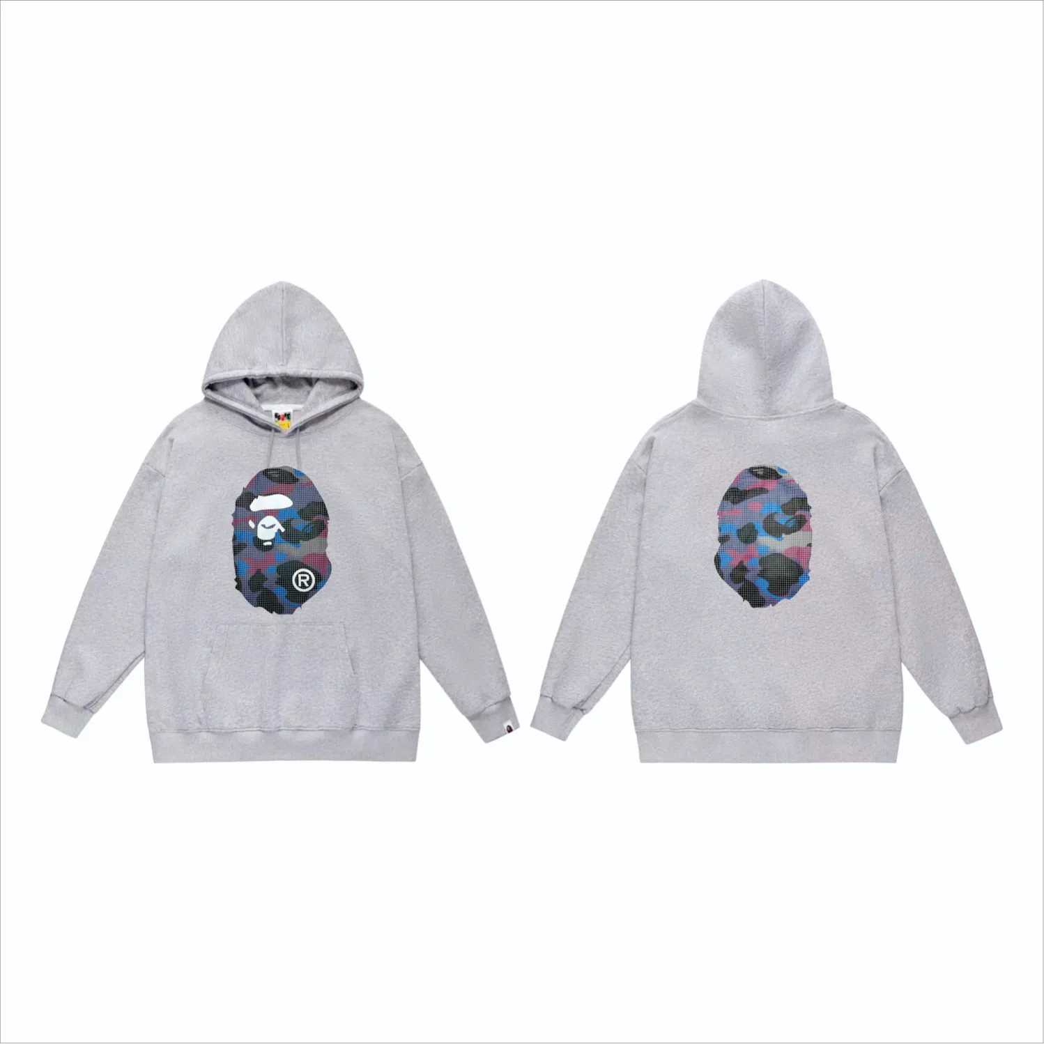 P160 model number SC845# terry 80 plus velvet 90 (top version) BAPE mesh camouflage ape head double-sided printed pattern hooded sweatshirt. Made of 380g large terry (drop shoulder large version) fabric. The texture is soft and non-pilling. Imported environmentally friendly printing glue. The pattern is bright and three-dimensional. Quality 💥Same style for men and women. The upper body is fashionable. Color: black white gray Size: S M L XL XXL