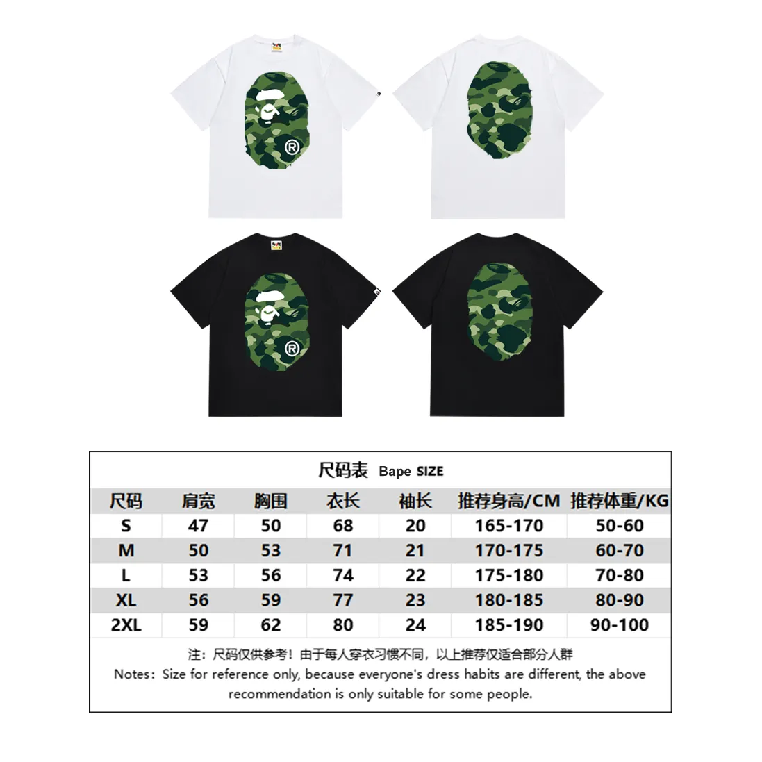 P110 SC060# (top version) BAPE double-sided camouflage ape head printed short-sleeved T-shirt Made of 260 grams of high-quality high-weave pure cotton fabric, double yarn combed, soft texture and no pilling Imported environmentally friendly printing glue, bright and three-dimensional pattern, quality 💥unisex style, the upper body is fashionable Color: white camouflage black camouflage white yellow black yellow white green black green white purple black purple white red black red Size: S M L XL XXL