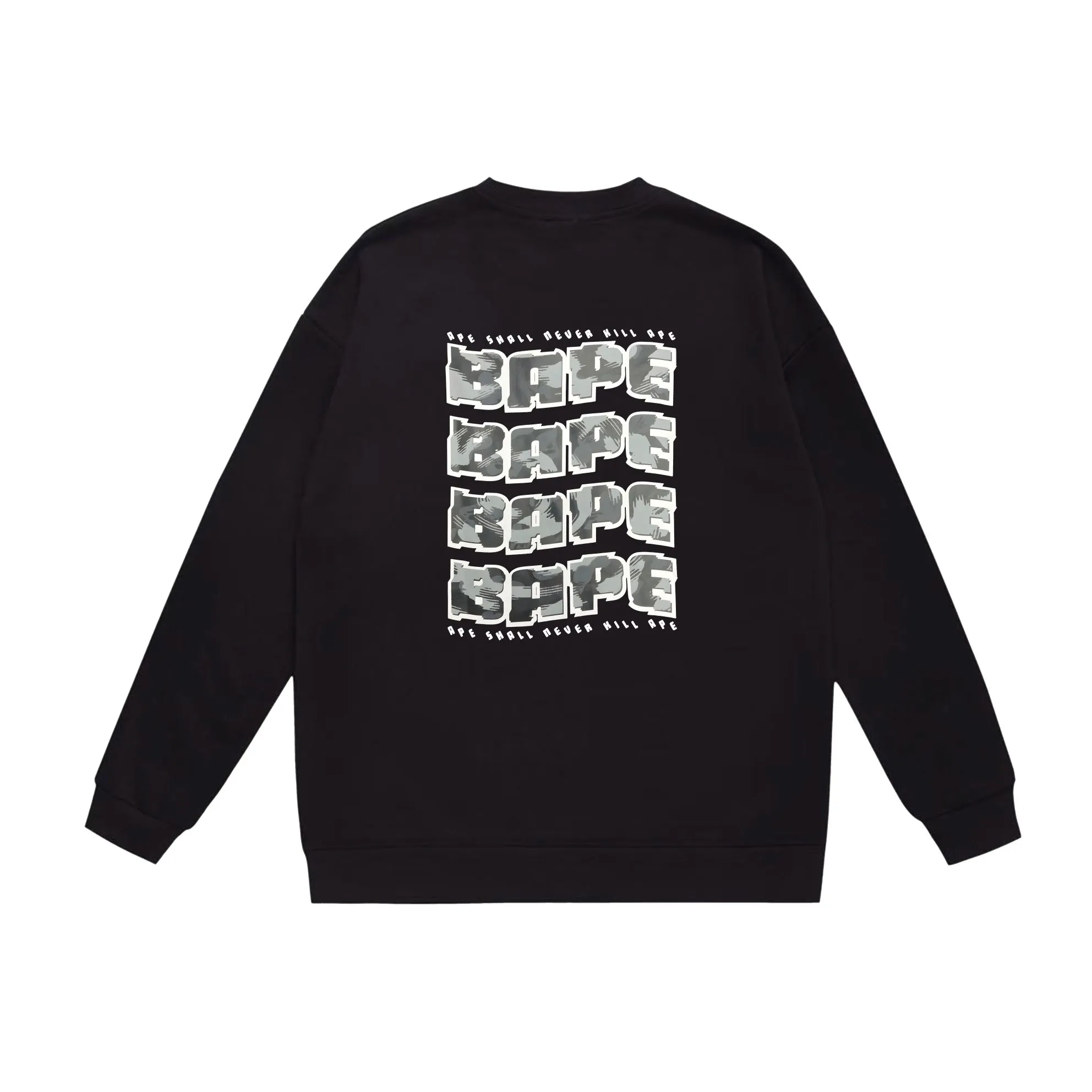 P170 model number SC558# terry 80 plus velvet 85 (top version) BAPE DISTORTION twisted camouflage ape head print pattern round neck sweatshirt Made of 350 grams of large terry (drop shoulder large version) fabric, soft texture and no pilling Imported environmentally friendly printing glue The pattern is bright and three-dimensional Quality 💥Same style for men and women The upper body is fashionable Color: black white gray Size: S M L XL XXL