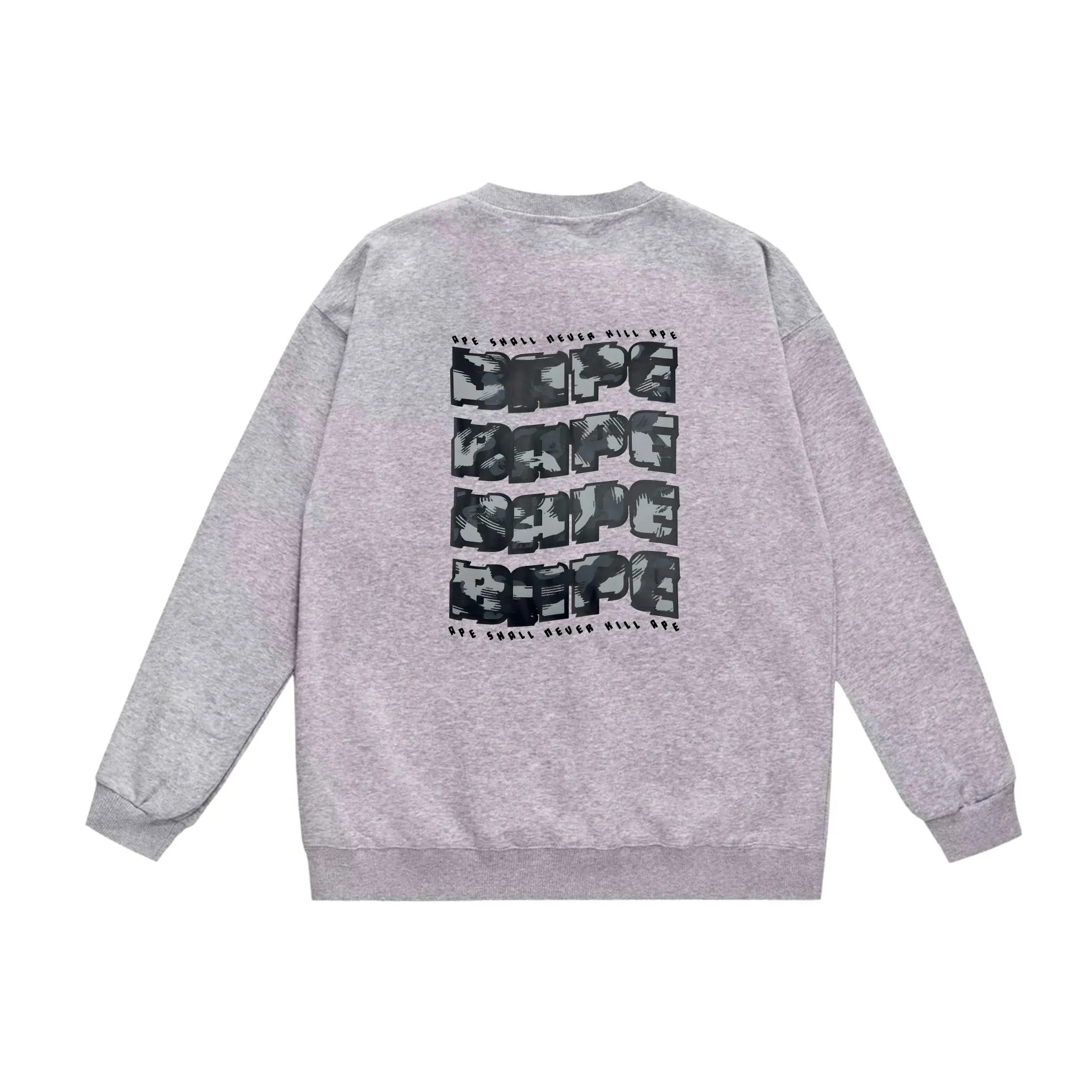 P170 model number SC558# terry 80 plus velvet 85 (top version) BAPE DISTORTION twisted camouflage ape head print pattern round neck sweatshirt Made of 350 grams of large terry (drop shoulder large version) fabric, soft texture and no pilling Imported environmentally friendly printing glue The pattern is bright and three-dimensional Quality 💥Same style for men and women The upper body is fashionable Color: black white gray Size: S M L XL XXL