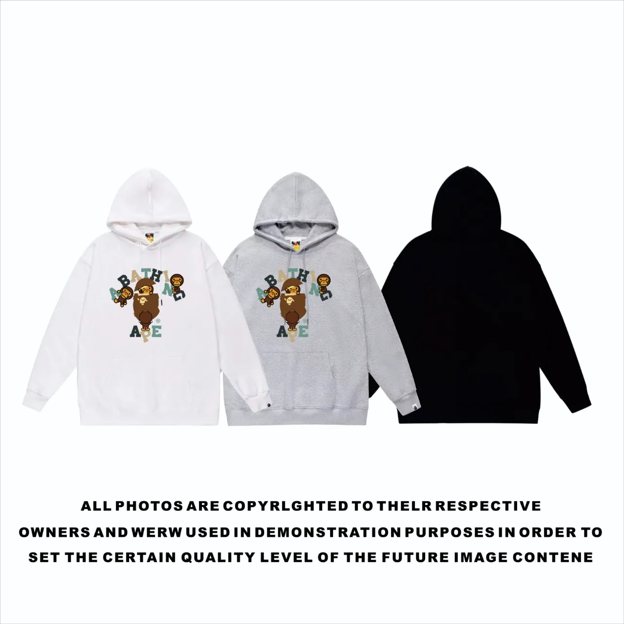 P160 model number SC838# terry 80 plus velvet 90 (top version) BAPE cartoon BABY MILO ape head letter printed pattern hooded sweatshirt. Made of 380 grams of large terry (drop shoulder large version) fabric. The texture is soft and non-pilling. Imported environmentally friendly printing glue. The pattern is bright and three-dimensional. Quality 💥Same style for men and women. The upper body is trendy. Color: black white gray Size: S M L XL XXL
