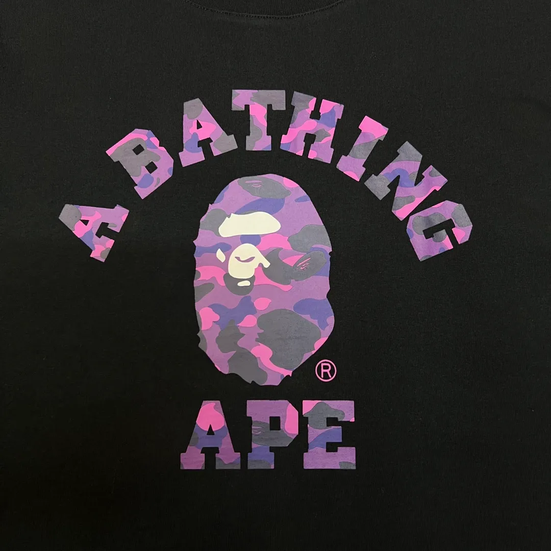 💰140 BAPE camouflage ape head letter printed short-sleeved T-shirt 270g weight linen cotton fabric Couple style: S-XXL [white blue black blue white purple black purple white red black red]