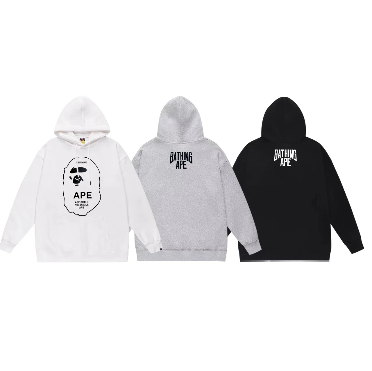 Model No. SC635# Terry p160 plus velvet p180💰 (top version) BAPE black and white threaded ape-man LOGO double-sided printed hooded sweatshirt. Made of 380g large terry 430g silver fox velvet (drop shoulder large version) fabric. The texture is soft and non-pilling. Imported environmentally friendly printing glue. The pattern is bright and three-dimensional. Quality💥Same style for men and women. The upper body is trendy. Color: black white gray Size: S M L XL XXL