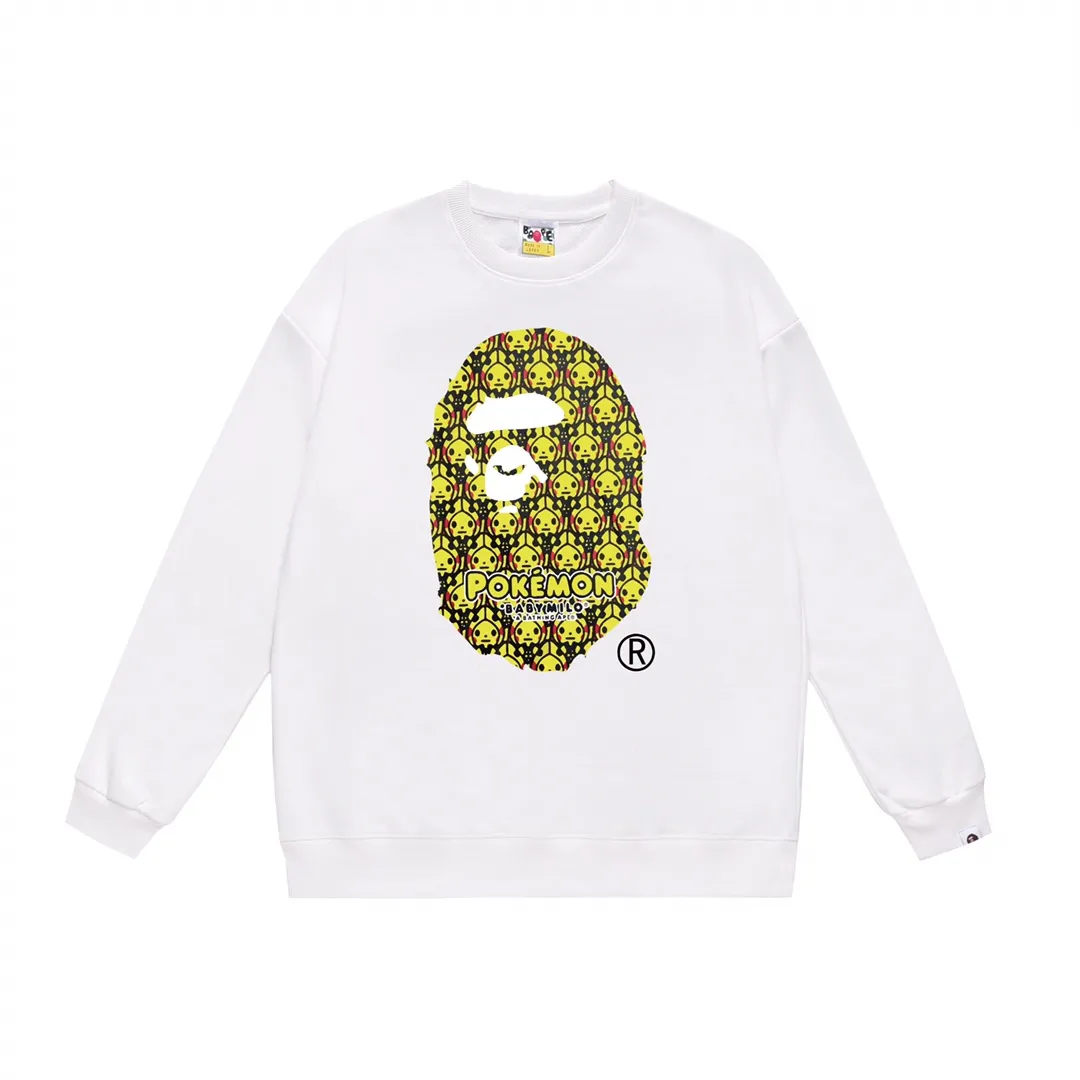 P170 model number SC320# terry 80 plus velvet 85 (top version) BAPE POKÉMON Pikachu Pokémon co-branded ape head printed round neck sweatshirt Made of 350g large terry (drop shoulder large version) fabric, soft and non-pilling texture, imported environmentally friendly printing glue, bright and three-dimensional pattern, quality 💥Same style for men and women, the upper body is fashionable Color: black white gray Size: S M L XL XXL